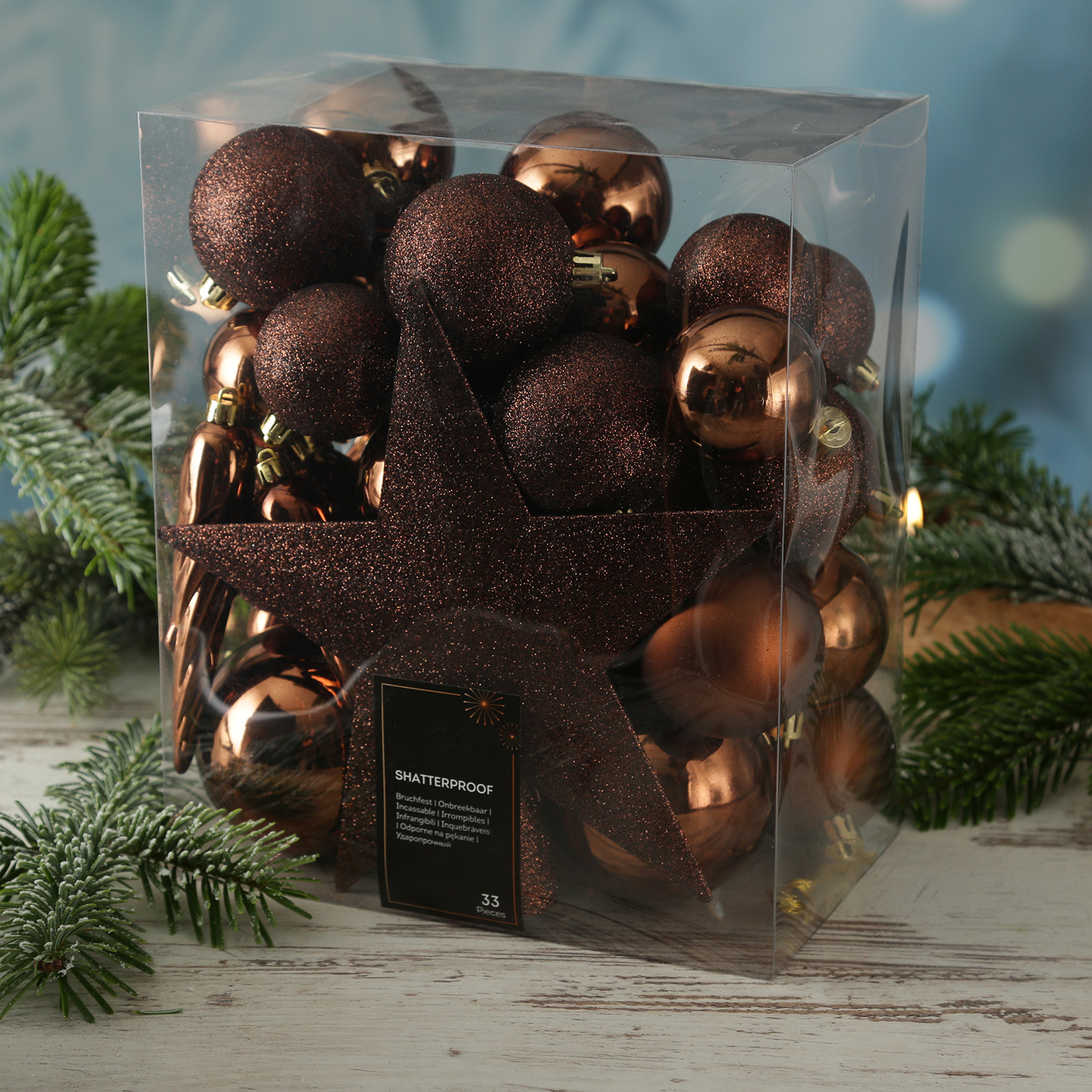 Christbaumkugeln - Weihnachtsbaumkugeln mit Stern Baumspitze - bruchfest - braun - 33er Set