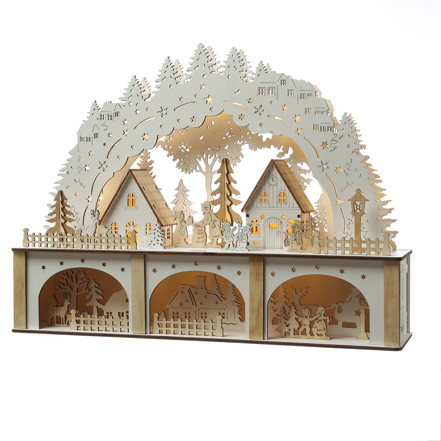 LED Schwibbogen Weihnachtsdorf - Lichterbogen - 10 LED - H: 33,5cm - 2stöckig - Timer - Batterie