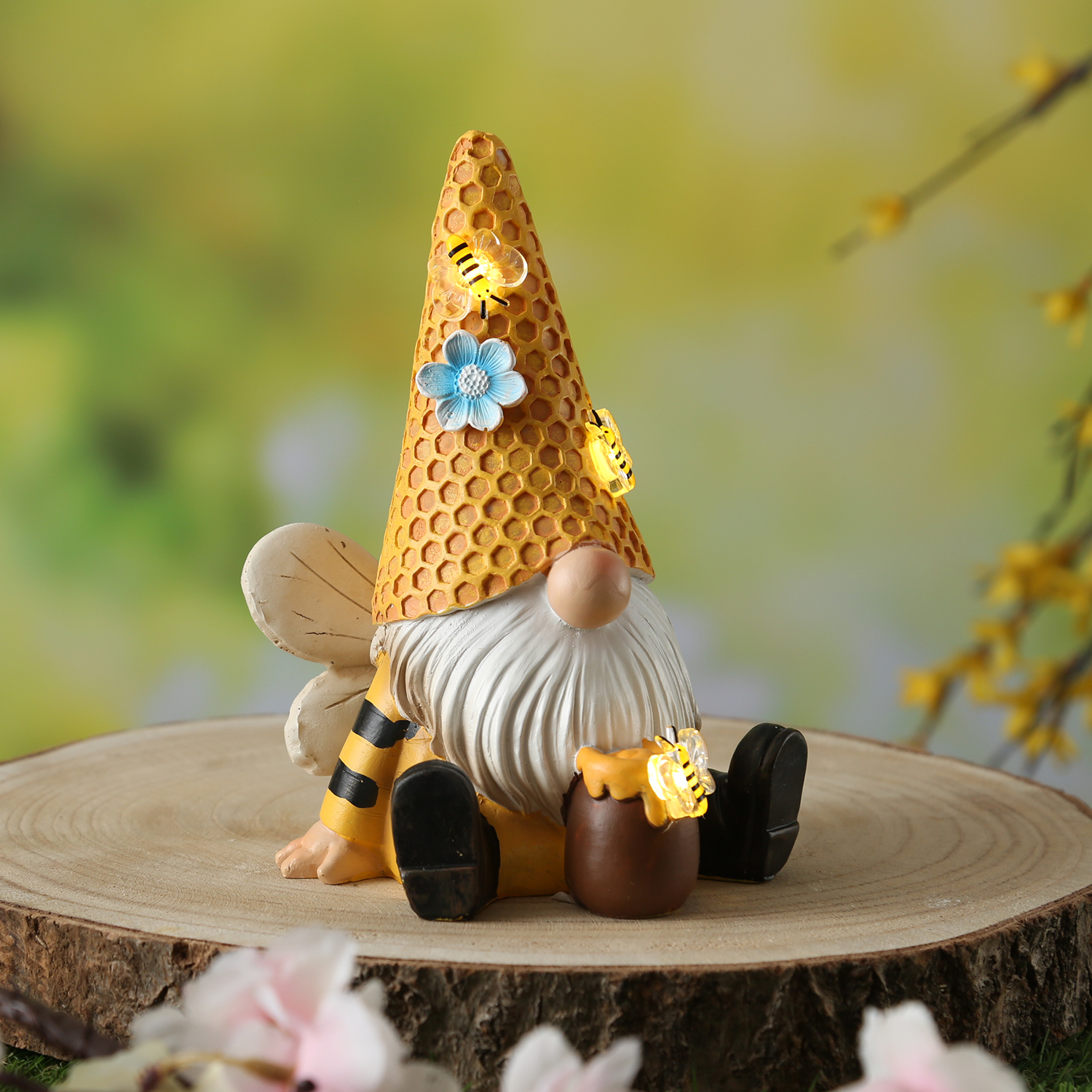 LED Solar Gartenzwerg Biene mit Honigtopf - Gartenfigur - warmweiße LED - Lichtsensor - H: 17,5cm