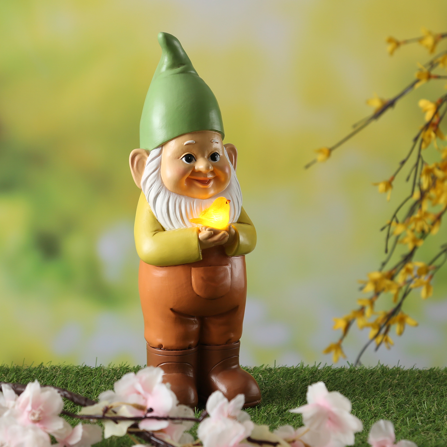 LED Solar Gartenzwerg mit Vogel - Gartenfigur - warmweiße LED - Lichtsensor - H: 28,5cm