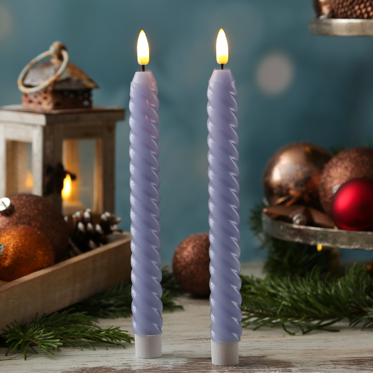 LED Stabkerzen SWIRL - Echtwachs - flackernde 3D Flamme - H: 25cm - Timer - flieder - 2er Set
