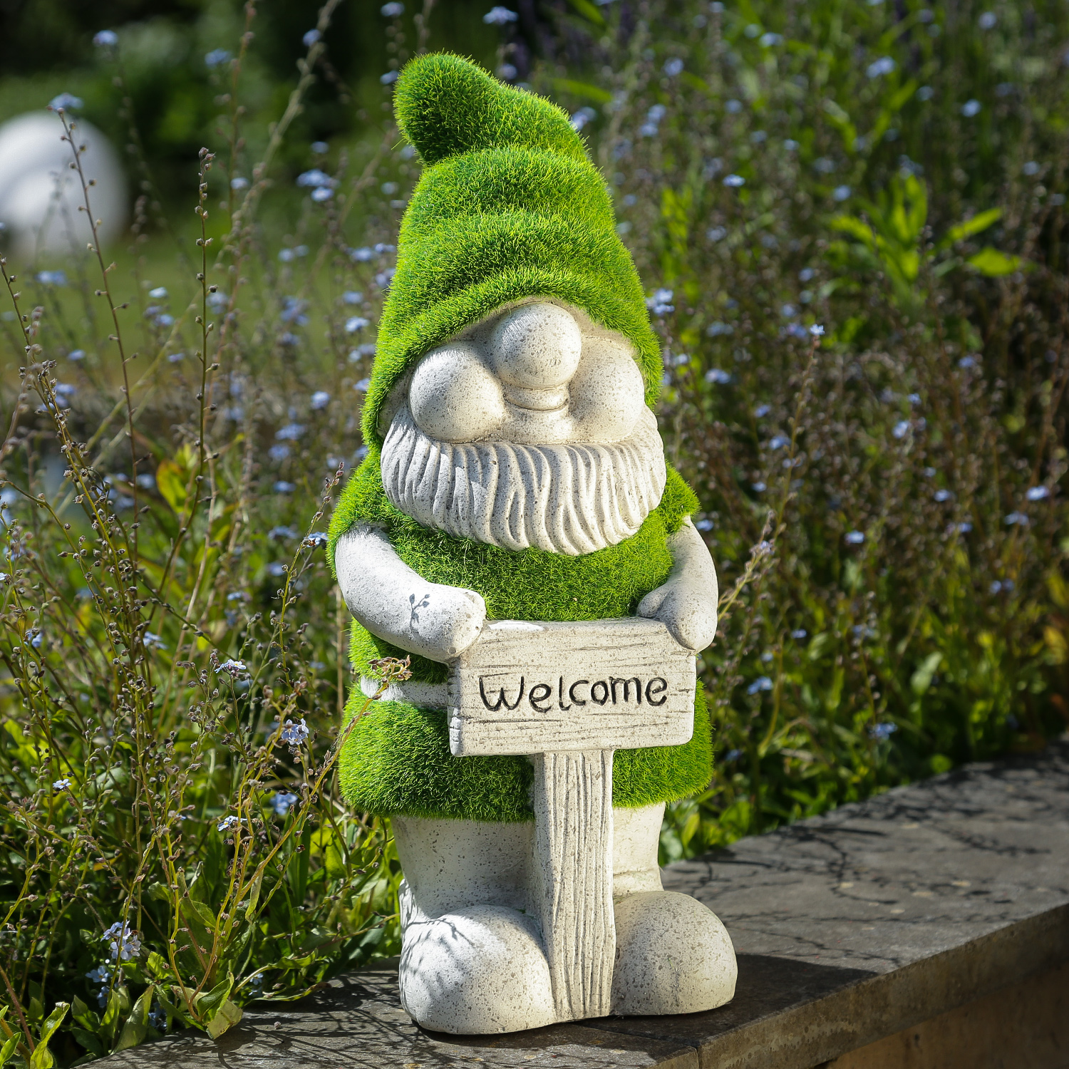 Gartenzwerg WELCOME - Gartenfigur - Magnesia - H: 38cm -  grau, grün