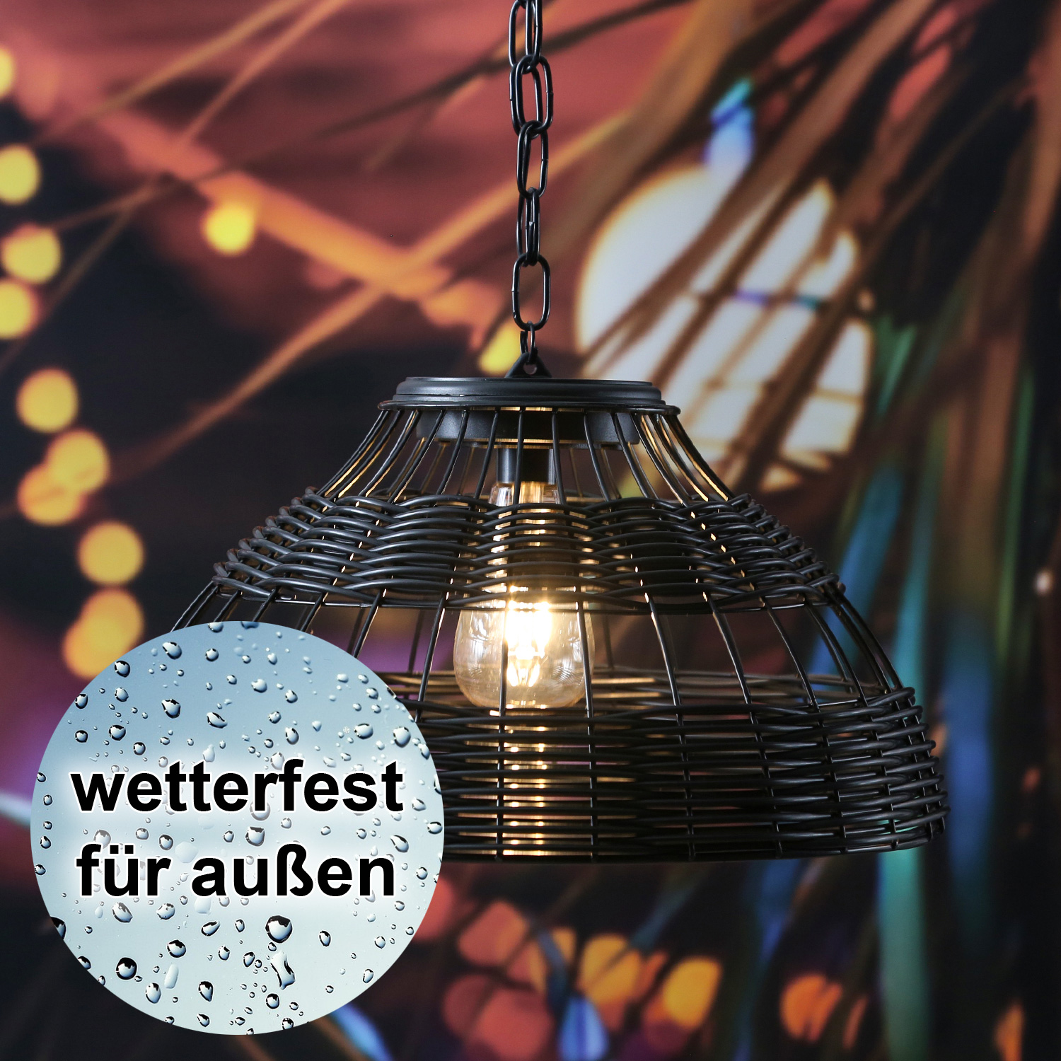 LED Solar Hängeleuchte - Lampenschirm in Korboptik - warmweiße LED - D 37cm - Lichtsensor - schwarz