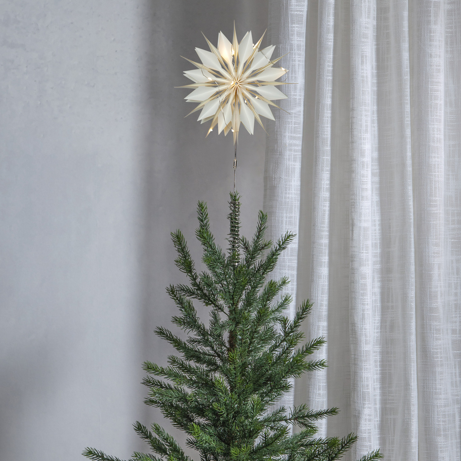 LED Baumspitze Papierstern MELLI -  10 warmweiße LED - H: 43cm - D: 20cm - Timer - Batterie - weiß