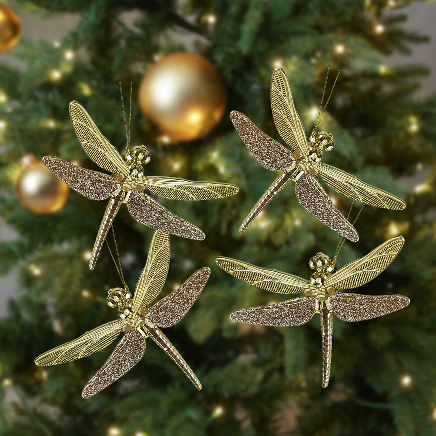 Libellen mit Glitzer - Weihnachtsbaumschmuck - Kunststoff - L: 14cm - gold glänzend - 4er Set