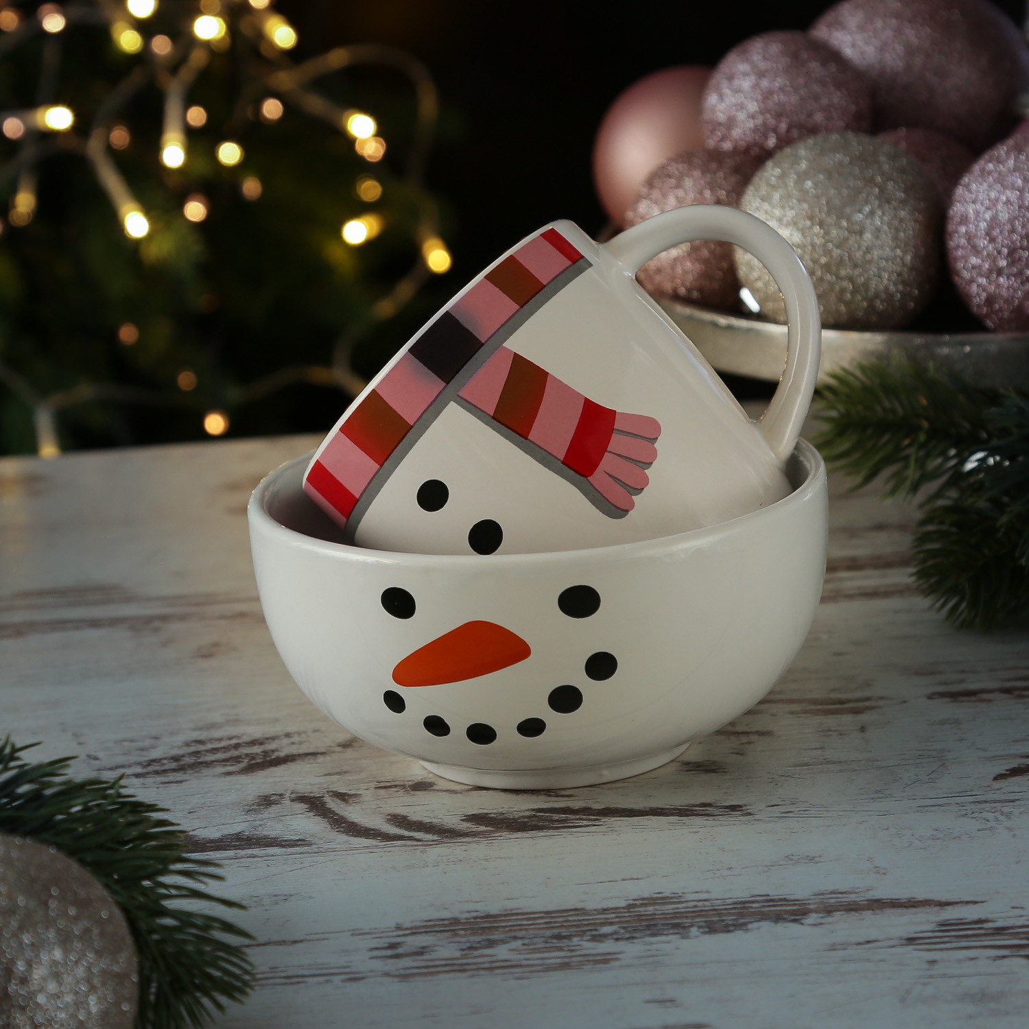 Frühstücksset Schneemann - Becher und Müslischale - Steingut - Geschirrset Weihnachten