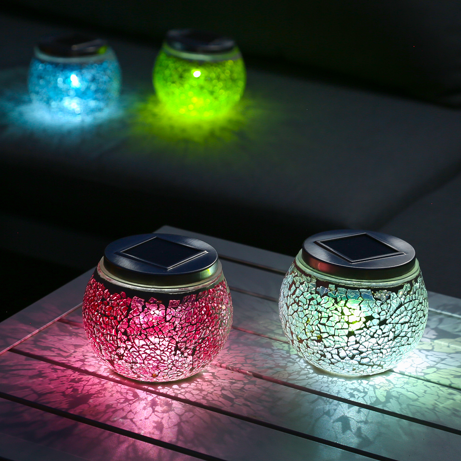 LED Solar Windlicht - Mosaik Glas - Lichtsensor - H: 10cm - outdoor - transparent mit Schimmereffekt