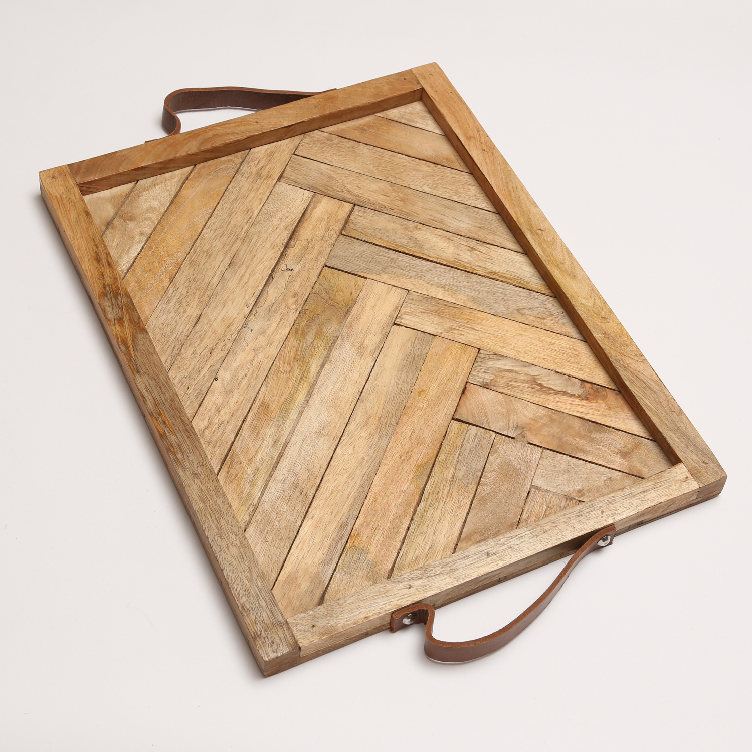Holztablett - Dekotablett - Kunstledergriffe - rechteckig - Mangoholz - L: 41cm - H: 3cm - natur