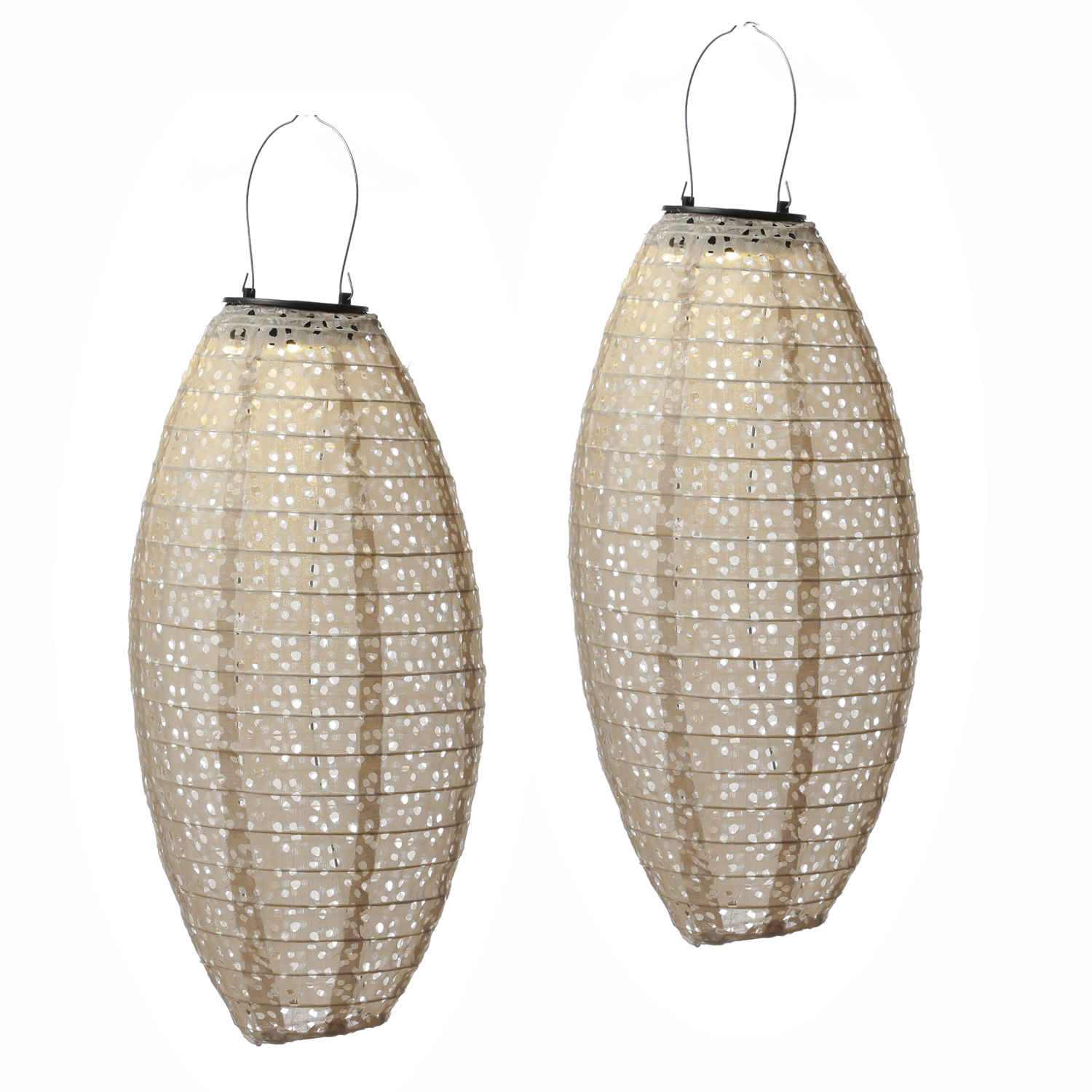 LED Solar Lampions oval - mit Blumenmuster - warmweiß - H: 40cm - Lichtsensor - beige - 2 Stück