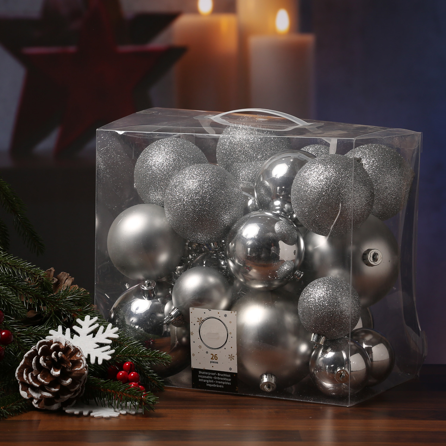 Christbaumkugel - Weihnachtsbaumkugel  - bruchfest - glänzend matt glitzernd - silber - 26er Set
