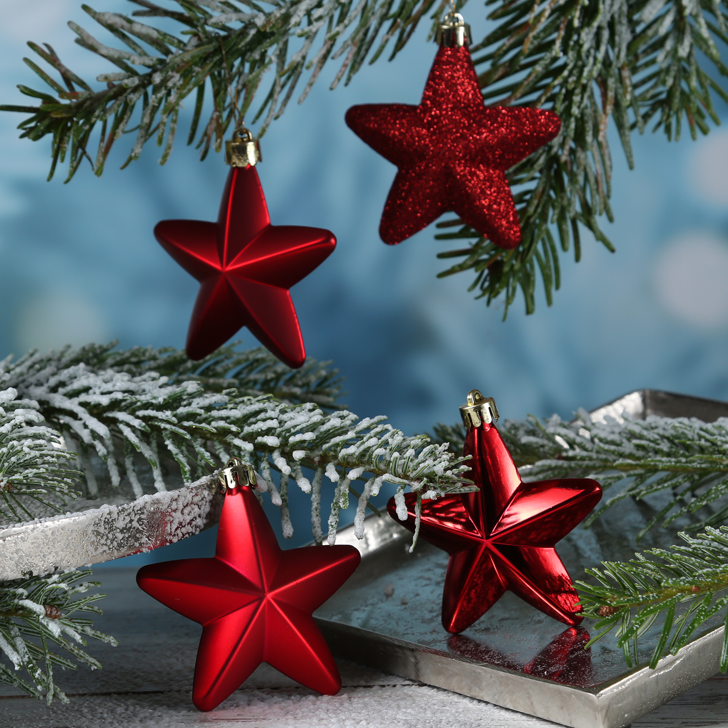 Christbaumschmuck STERN - Weihnachtsschmuck - bruchfest - glänzend matt glitzernd - rot - 6 Stk.