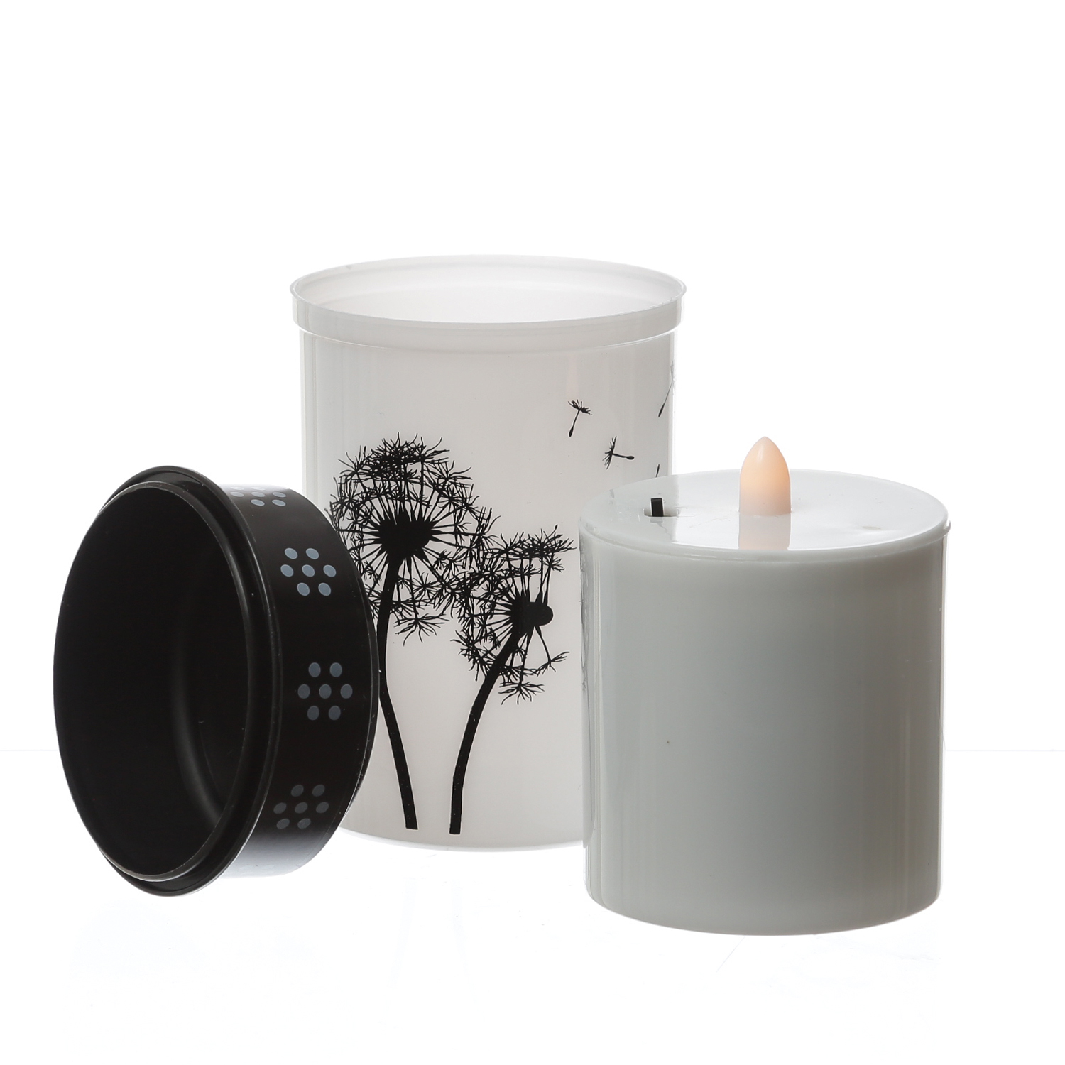 LED Grablicht/Grabkerze Pusteblume - bis 2500 Stunden - H: 12cm, D: 7cm - Timer - weiß/schwarz
