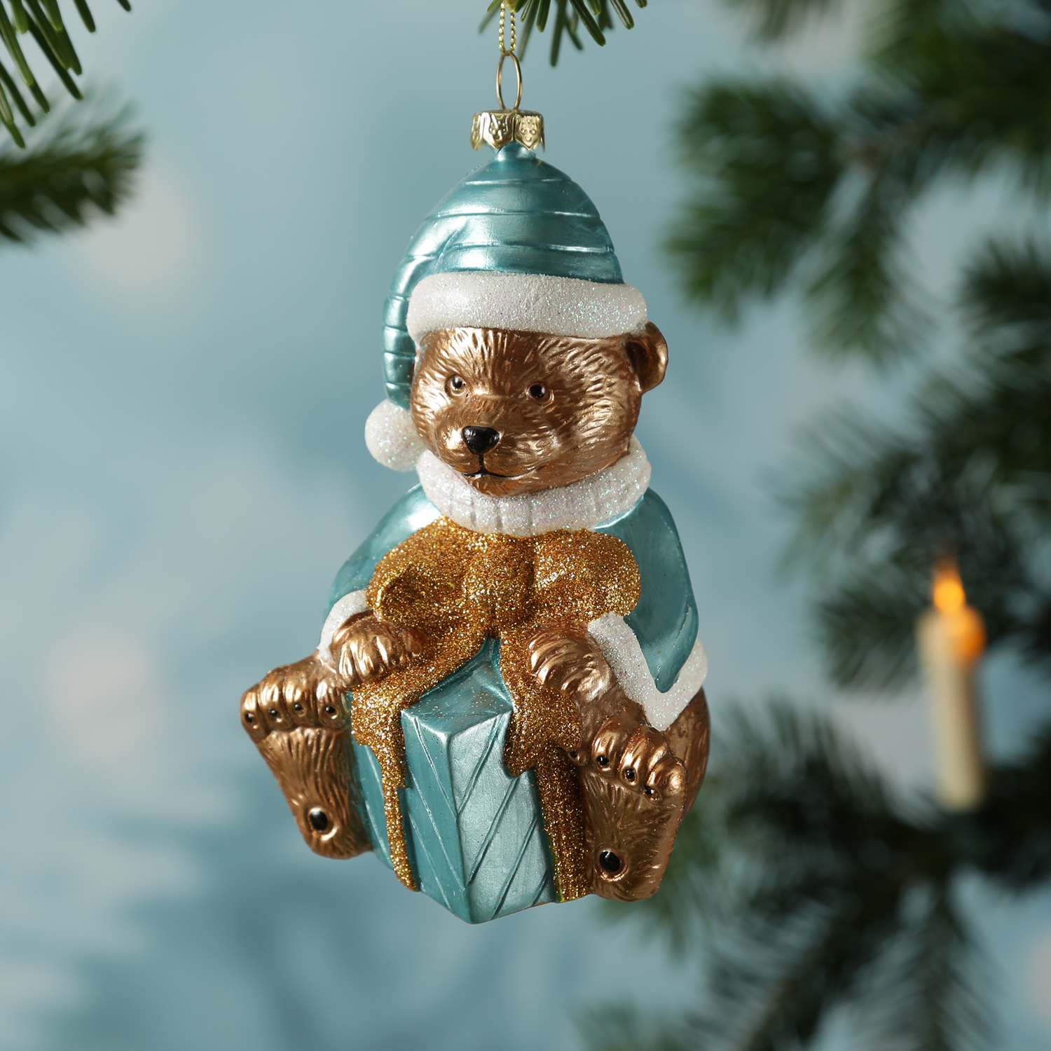 Weihnachtsbaumschmuck Teddybär mit Geschenk - Christbaumschmuck - Kunststoff - H: 13cm