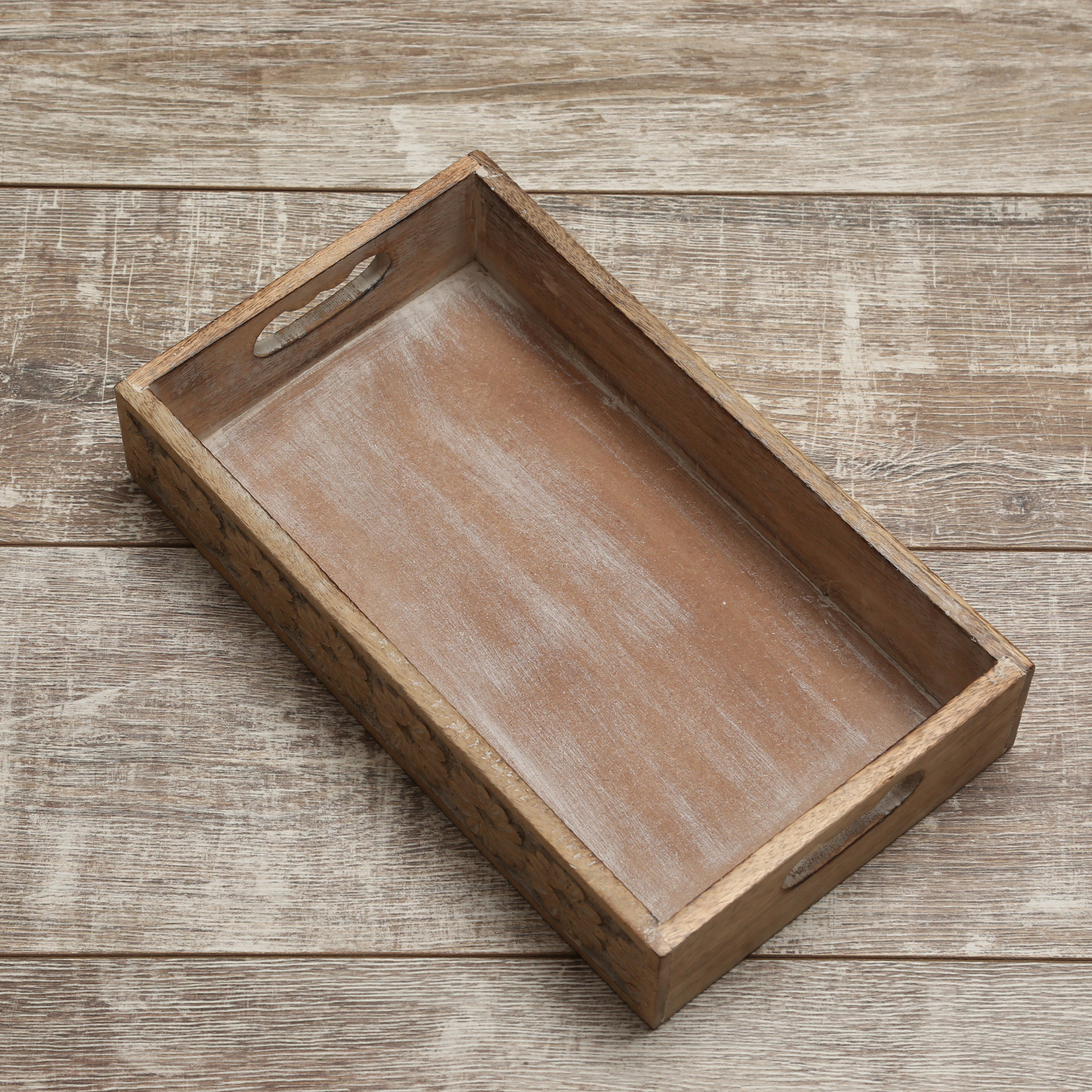 Tablett - Dekotablett - Blumenbordüre - Mangoholz - L: 34,7cm - B: 8cm - weiß gebleicht