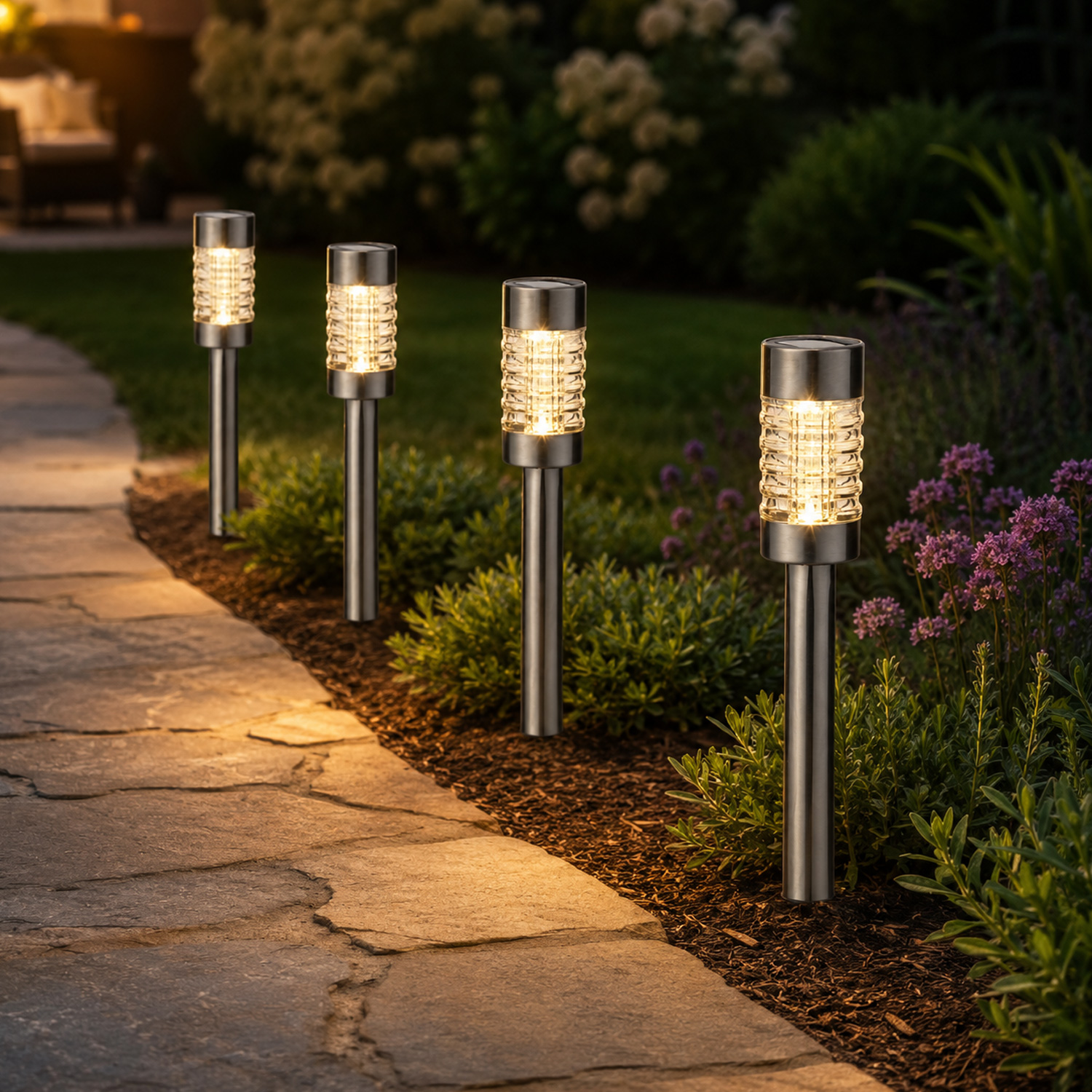 LED Solar Wegleuchten - Gartenleuchten mit Erdspieß - H: 29cm - Lichtsensor - 4er Set