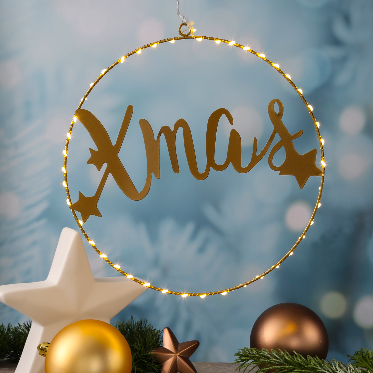 LED Lichtkranz XMAS - Dekoring - 44 warmweiße LED - D: 30cm - Batteriebetrieb - gold