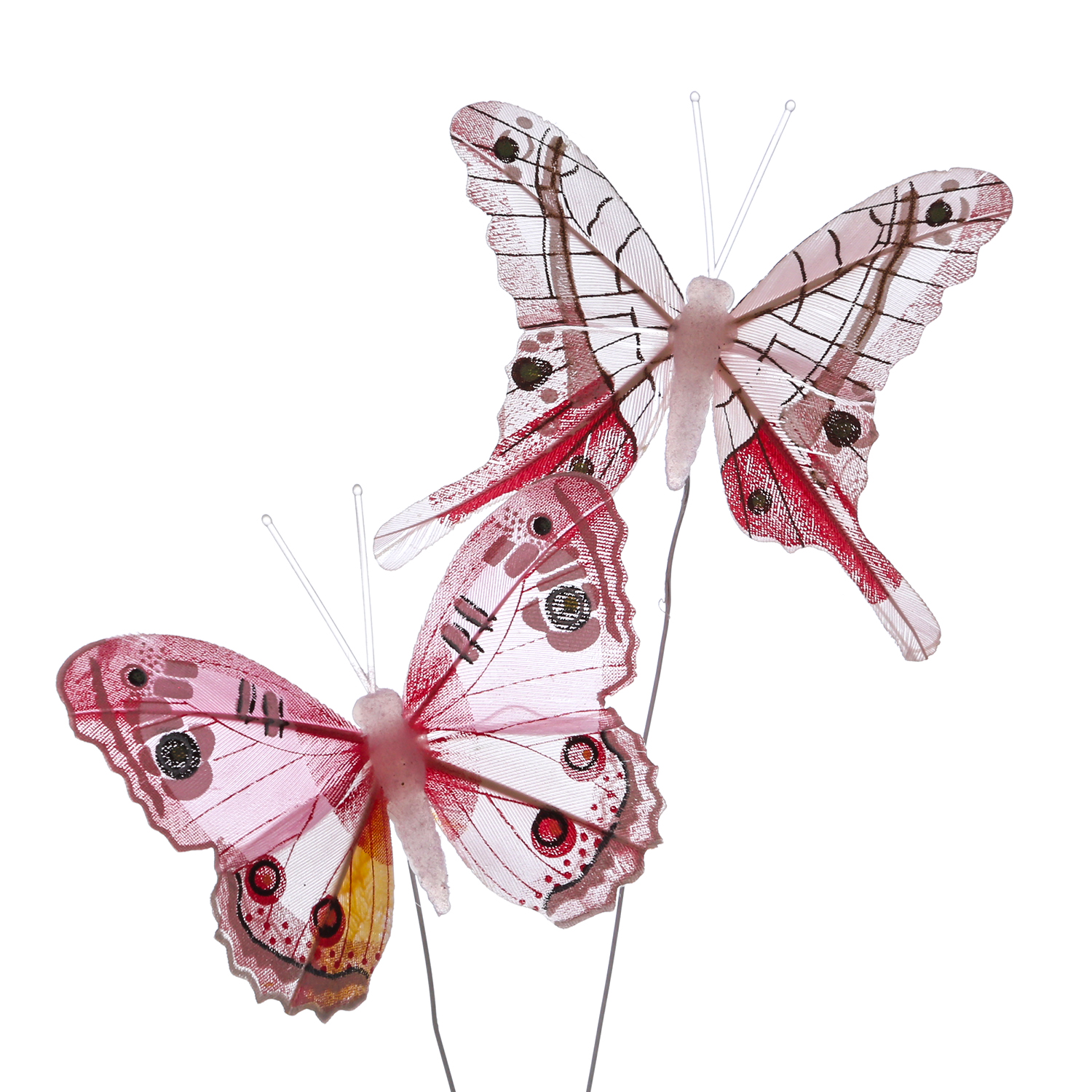 Deko Schmetterlinge - aus Federn - am Draht - H: 6,5cm - 2 Motive - rosa - 6er Set