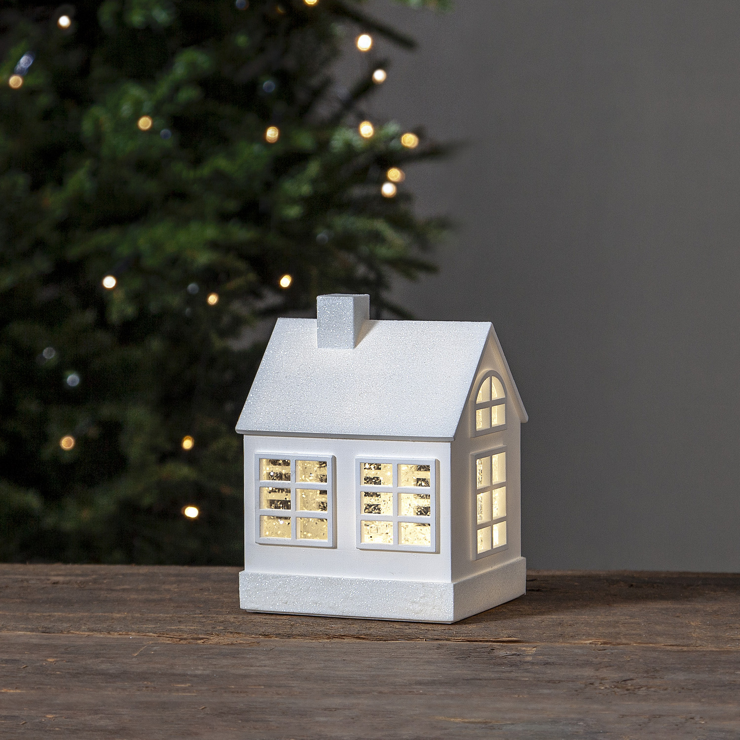 LED Haus - Wasserlaterne - 3 warmweiße LED - glitzernd - H: 15,5cm - Timer - Batteriebetrieb - weiß