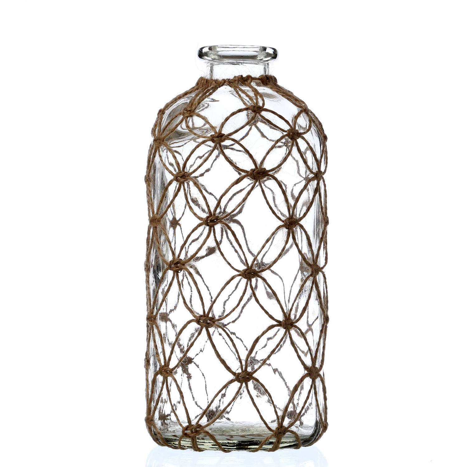 Dekoflasche MARITIM mit Netz - Glasvase - Juteseil Deko - H: 25cm - transparent