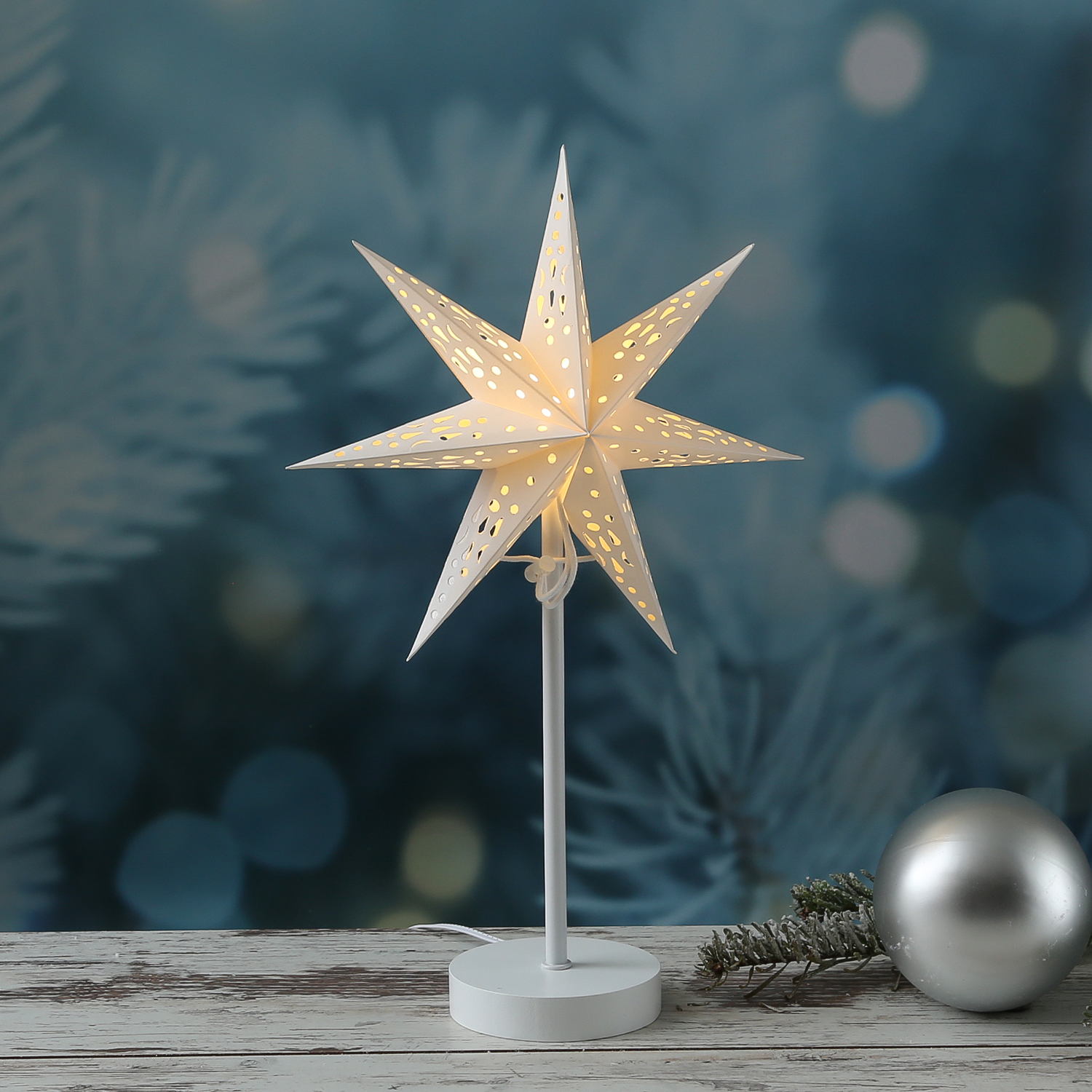 LED Papierstern - 7-zackig - stehend - H: 42cm - 6 warmweiße LED - inkl. Trafo - für Innen - weiß