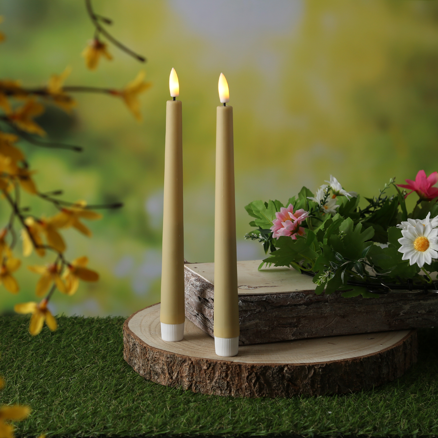 LED Stabkerzen - LED Tafelkerzen aus Kunststoff - H: 25,5cm - Timer - für Innen/Außen - creme