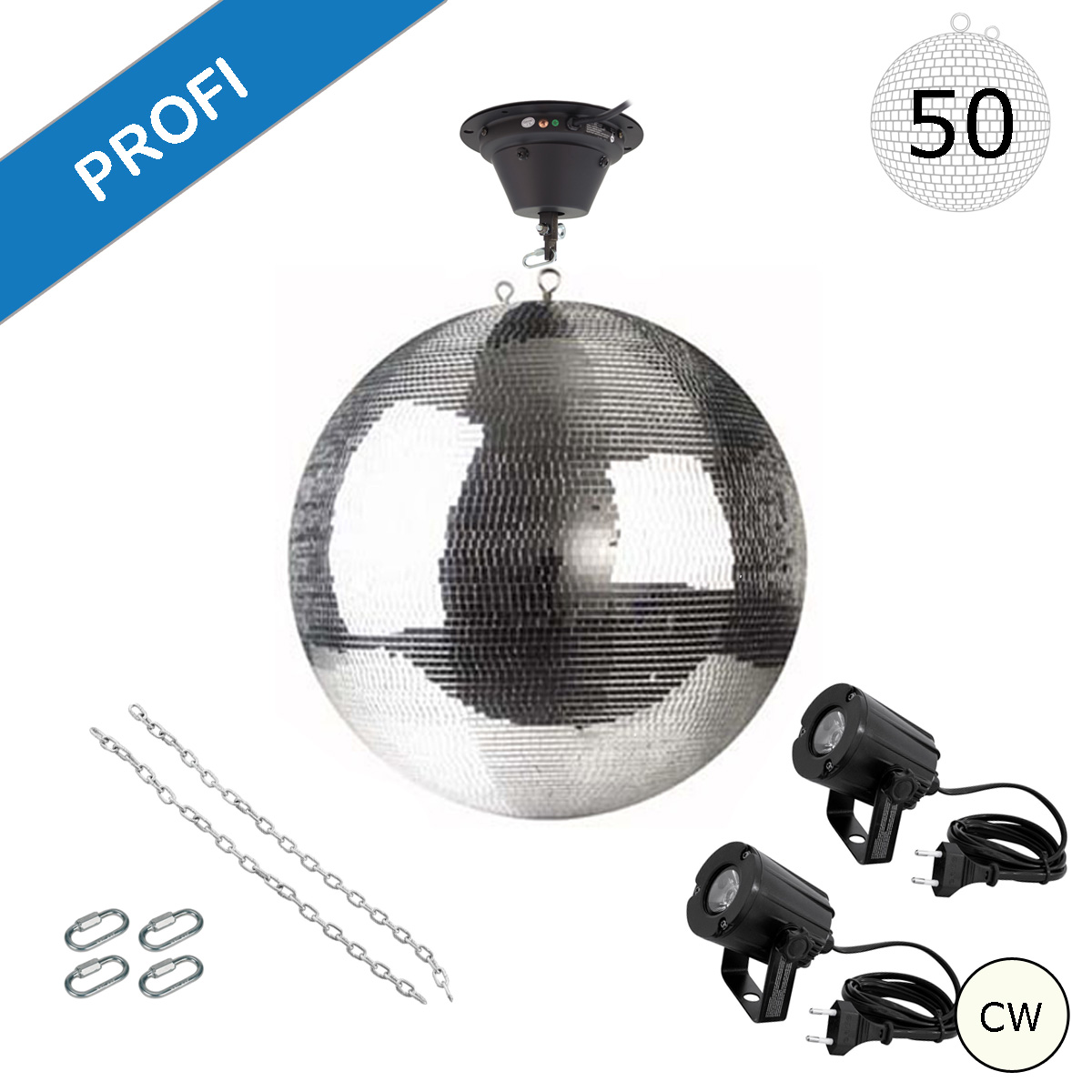 Spiegelkugel Komplettset - Discokugel, Motor, Pinspot, Montagematerial für Diskokugel - Mirrorball Set - Partyset