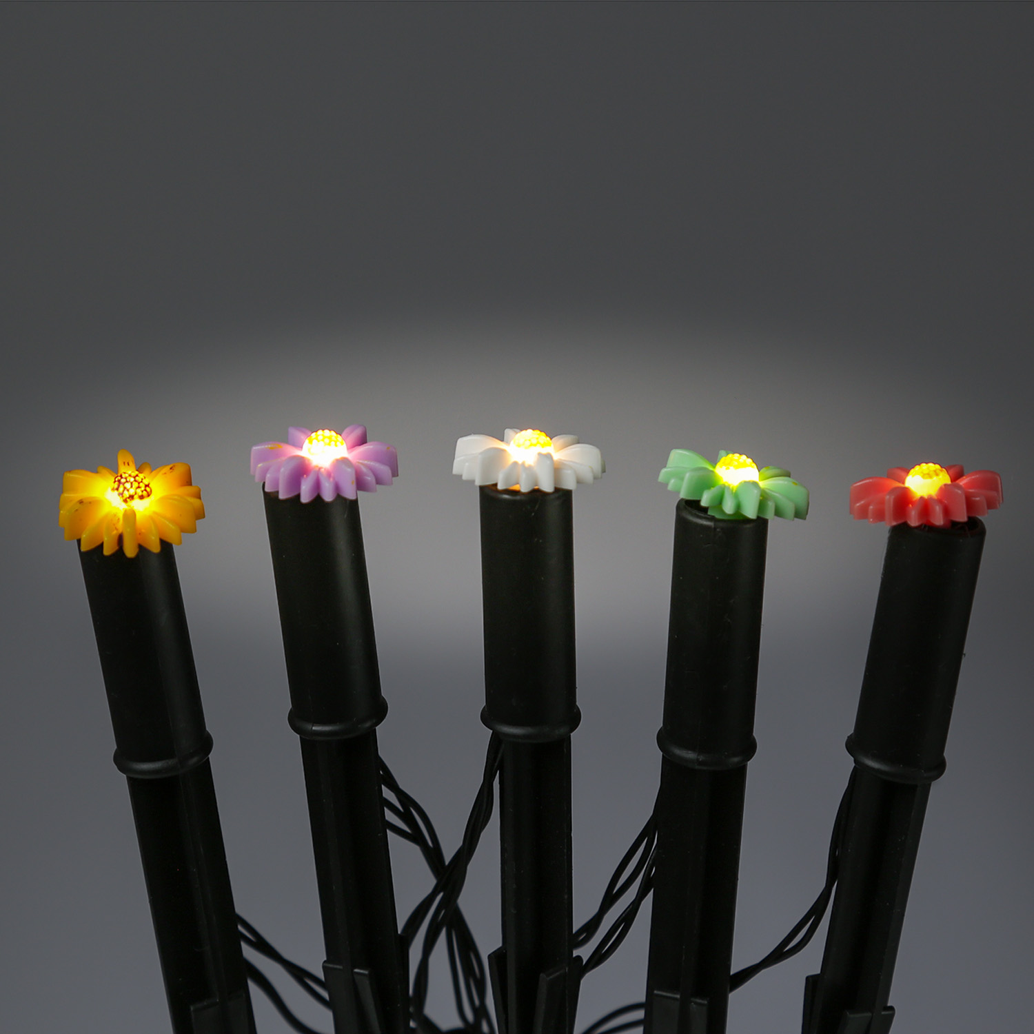 LED Solar Lichterkette Blumen - 5 Gartenstecker mit bunten Blümchen - L: 1,2m H: 17cm - Lichtsensor