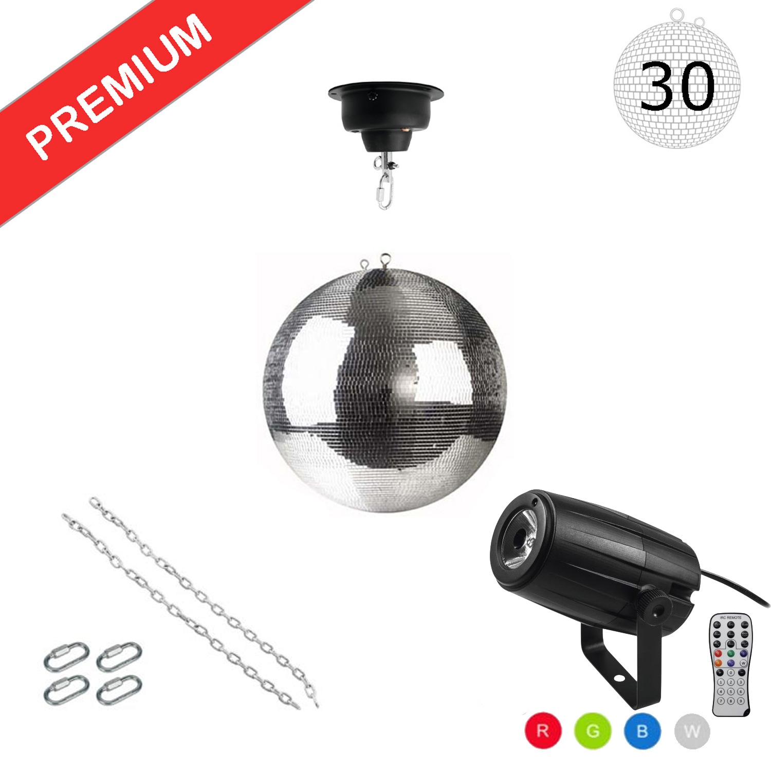 Spiegelkugel Komplettset 30cm mit Motor, 5W LED Pinspot (RGBW) und Montagematerial PREMIUM