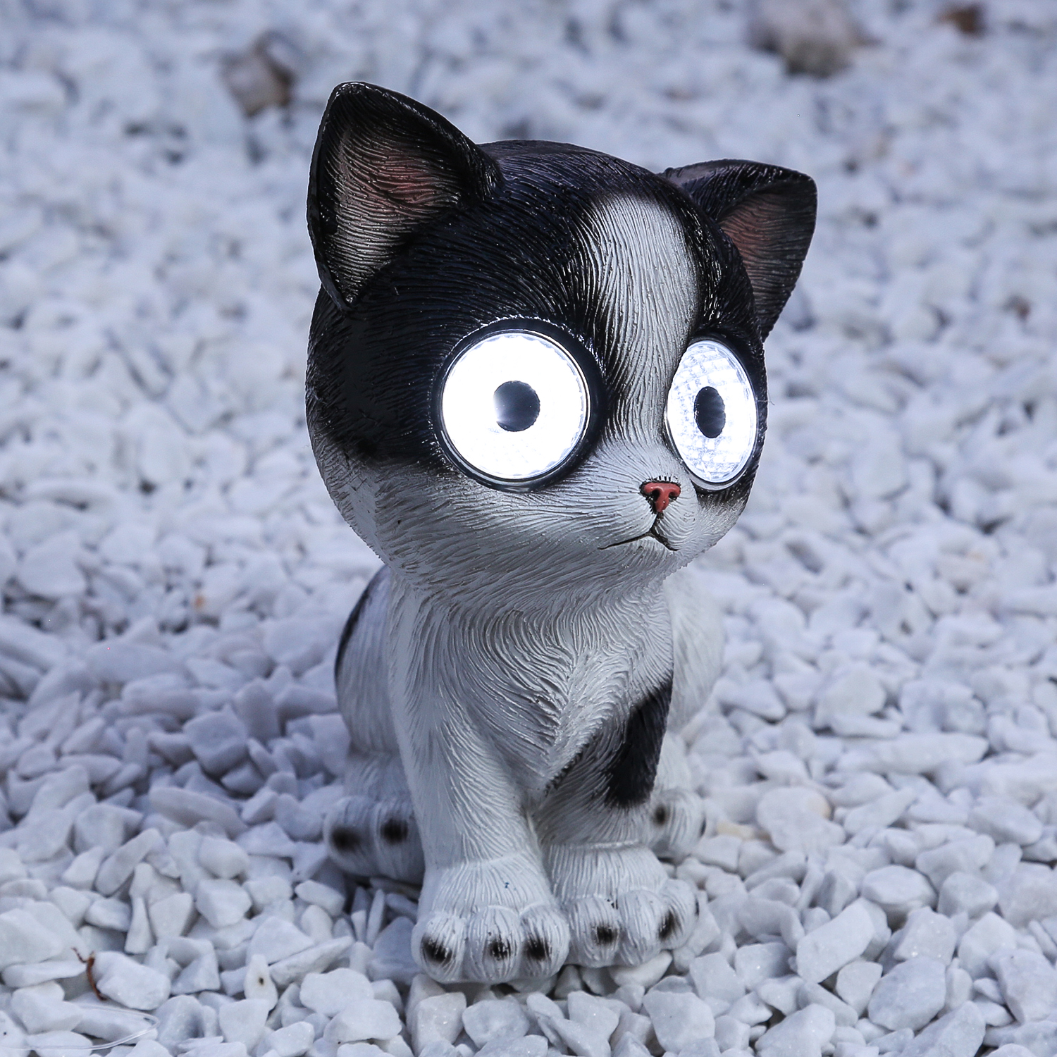 LED Solar KATZE CHARLIE - Gartenfigur - 2 kaltweiße LED - H: 16cm - weiß/schwarz