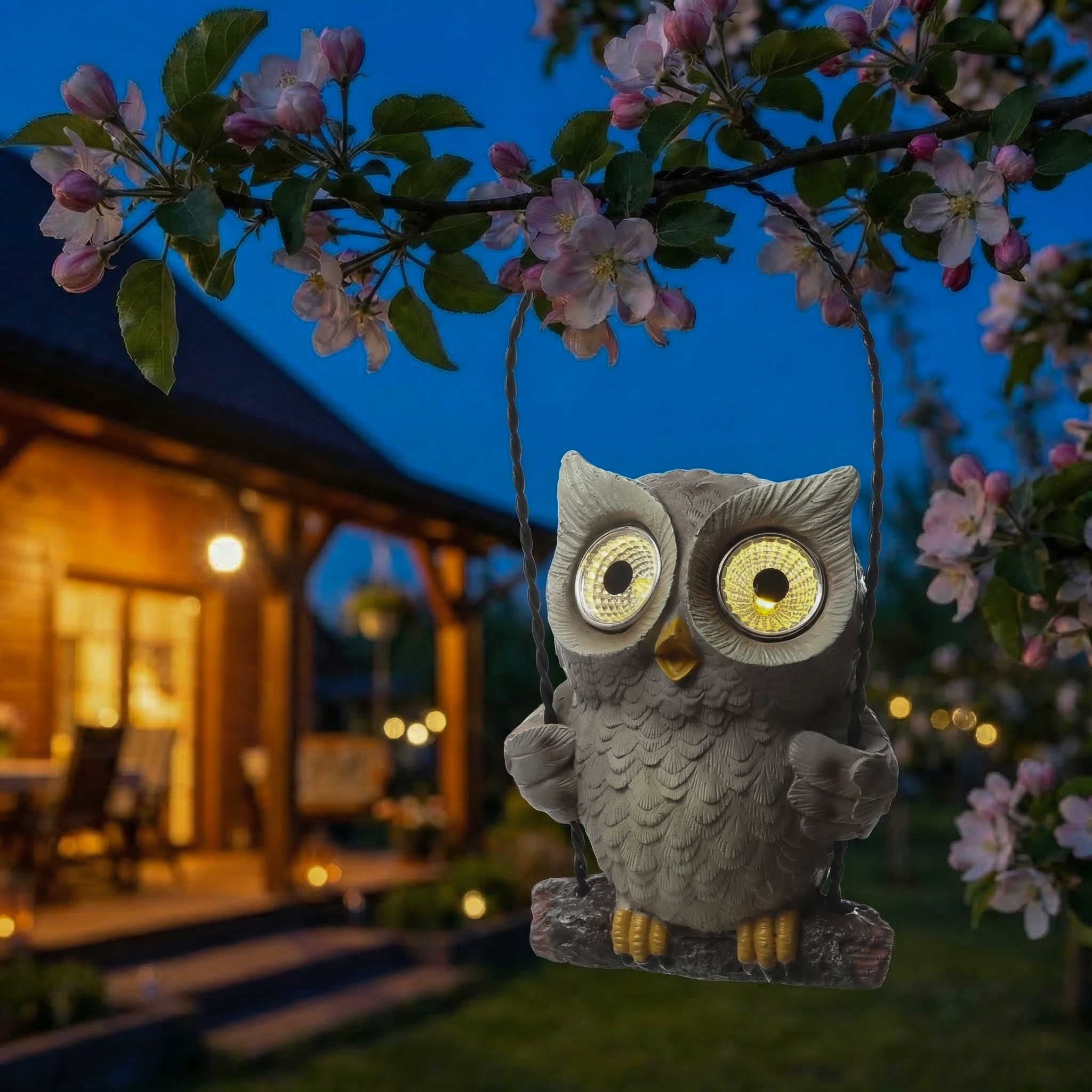 LED Solar Eule auf Schaukel - Gartenfigur mit leuchtenden Augen - H: 19cm - Lichtsensor