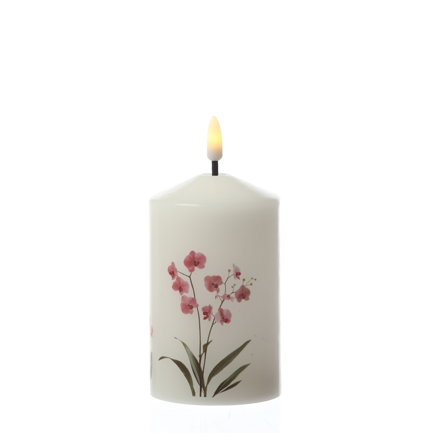 LED Kerze mit Orchideen Motiv - Echtwachskerze mit Blumen Design - H: 14,5cm - D: 7cm - Timer