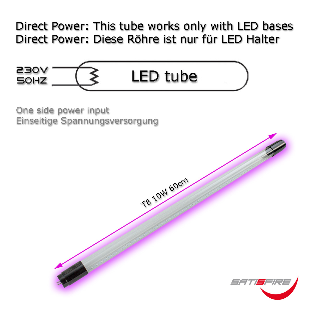 UV Schwarzlichtröhre 60cm - LED Fassungen - T8 - 230V - 10W
