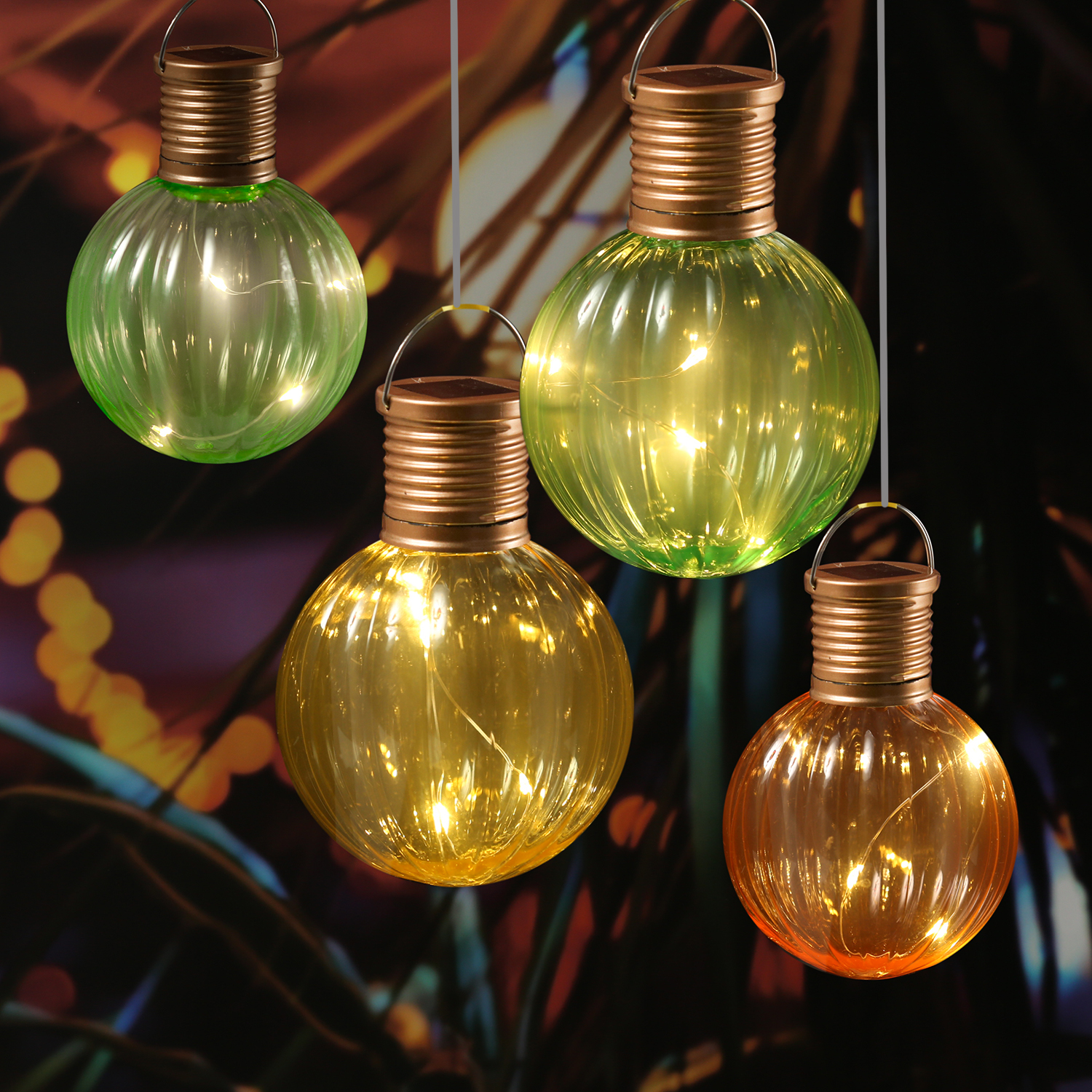 LED Solar Glühbirnen GLOW - Kugelleuchten - wamweiße LED - H: 11cm - Lichtsensor - bunt - 4er Set