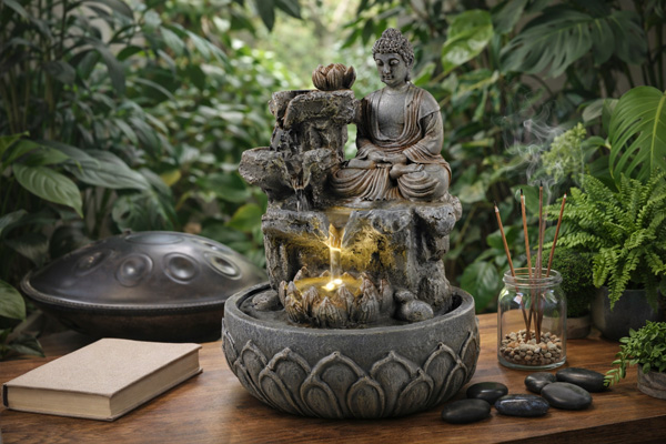 Brunnen LED Buddhafigur Kaskaden Zimmerbrunnen H 25cm Tischbrunnen
