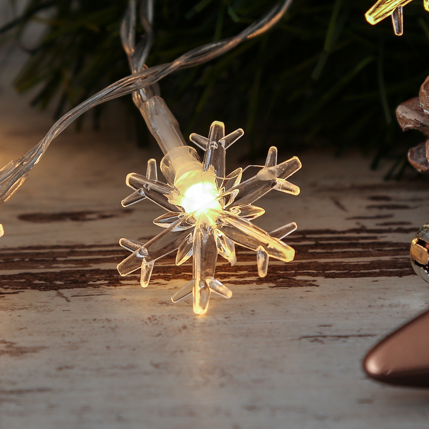 LED Lichterkette Schneeflocken - 10 warmweiße LED - L: 2m - Timer - Batteriebetrieb - für Innen