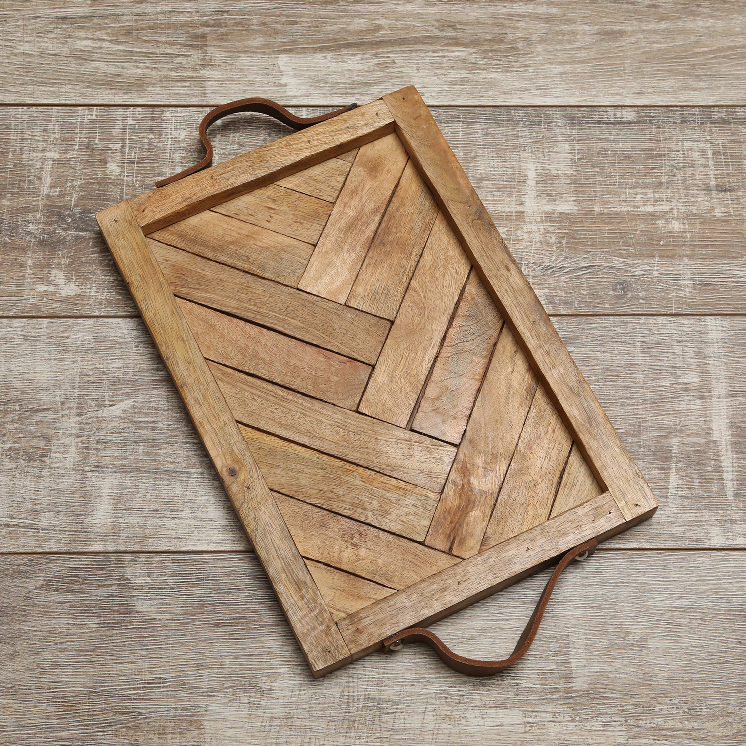 Holztablett - Dekotablett - Kunstledergriffe - rechteckig - Mangoholz - L: 54cm - H: 3cm - natur