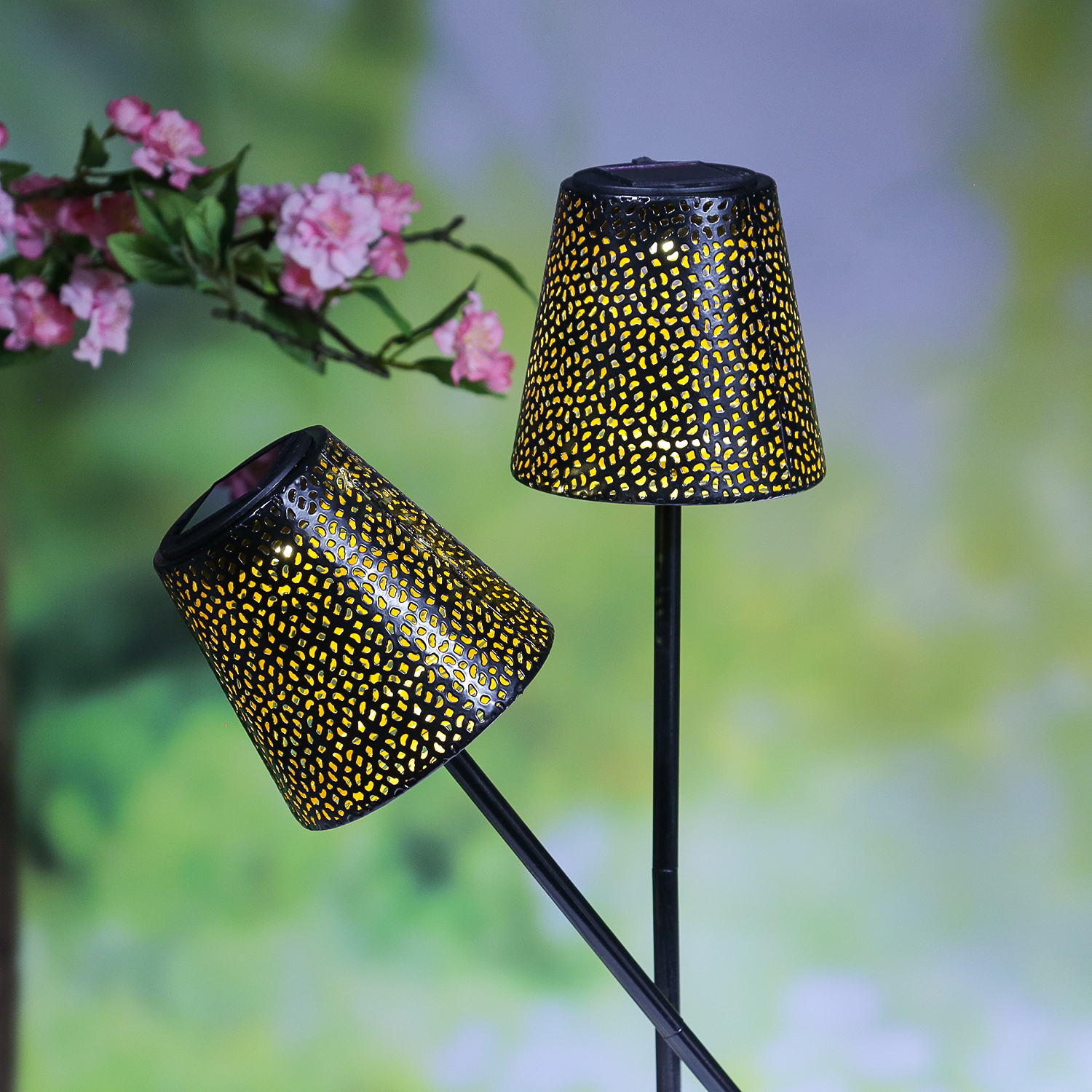 LED Solar Gartenleuchten Blumenmuster - Gartenstecker - H: 58cm - Lichtsensor - schwarz - 2 2St.