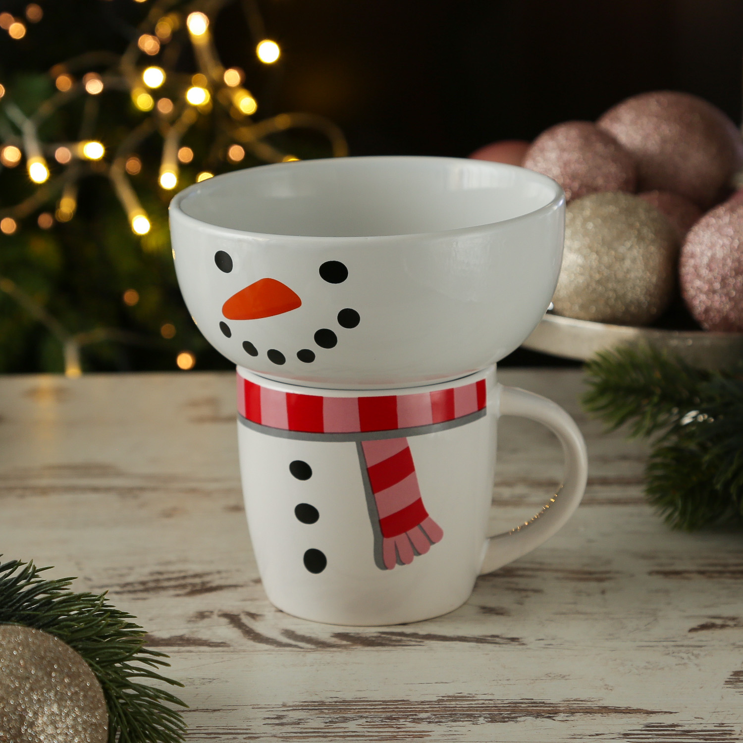 Frühstücksset Schneemann - Becher und Müslischale - Steingut - Geschirrset Weihnachten