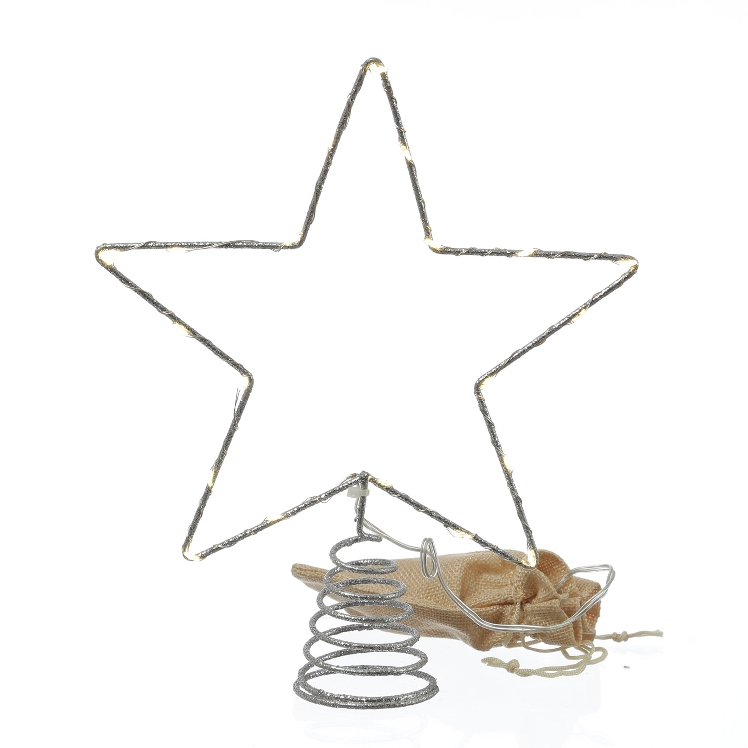 LED Weihnachtsbaumspitze Stern - 20 warmweiße LED - Batterie - Timer - H: 27cm - silber