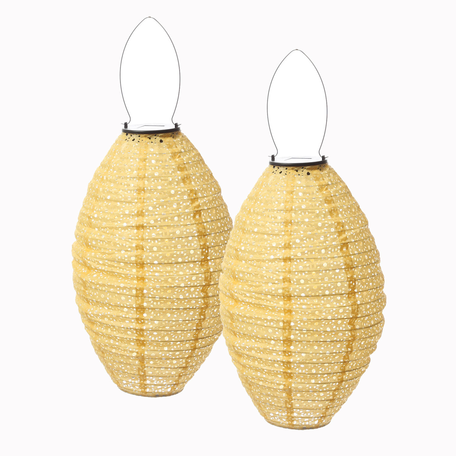LED Solar Lampions oval - mit Blumenmuster - H: 38cm - D: 23cm - Lichtsensor - gelb - 2er Set