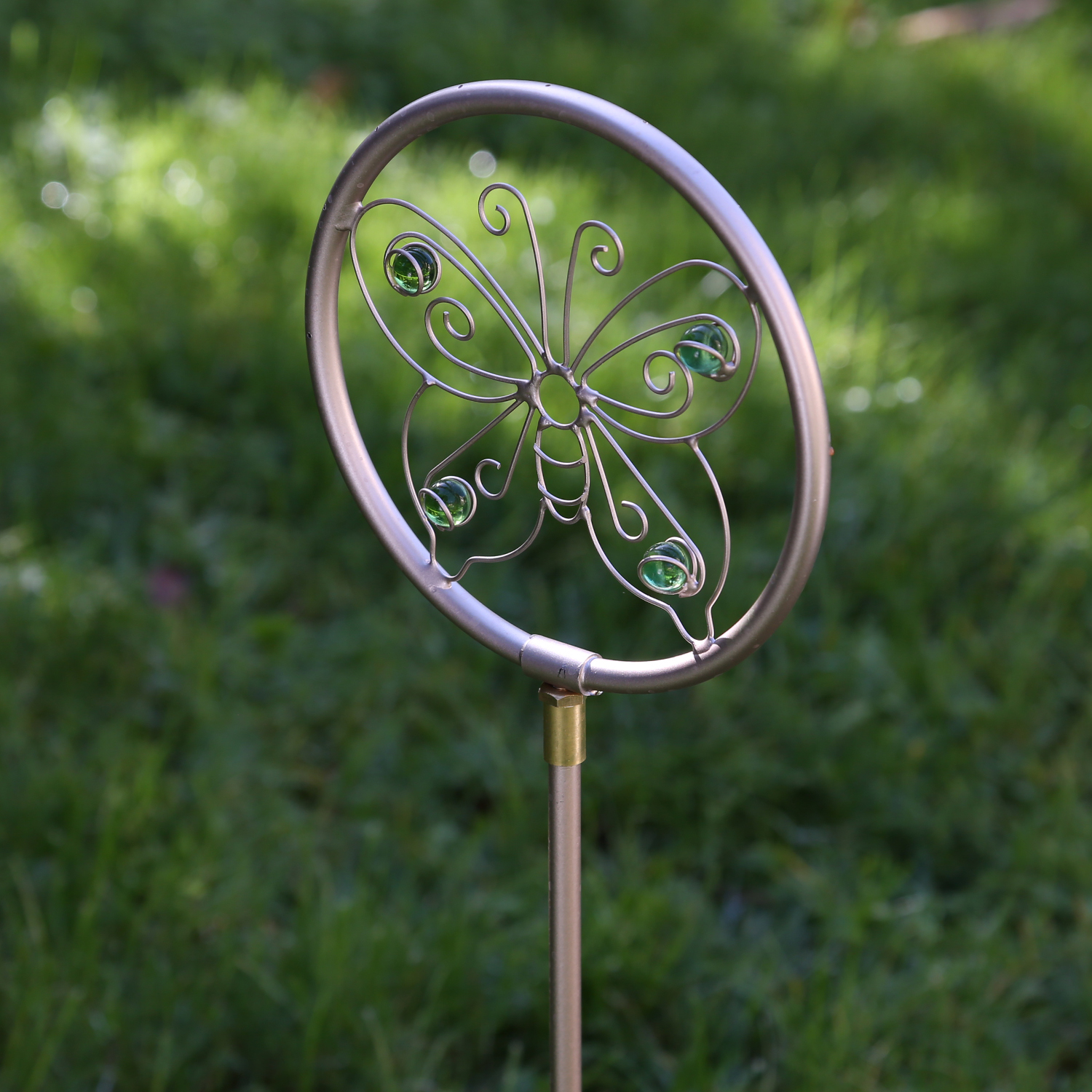 Gartenstecker SCHMETTERLING - Wassersprinkler - Edelstahl - H: 75cm - D: 19cm - silber, grün