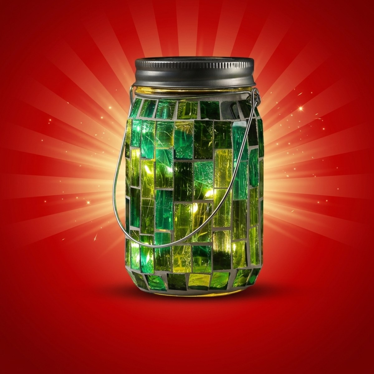 LED Solar Glas - Einmachglas mit Mosaiksteinchen - mit Henkel - H: 13,5cm - Lichtsensor - grün