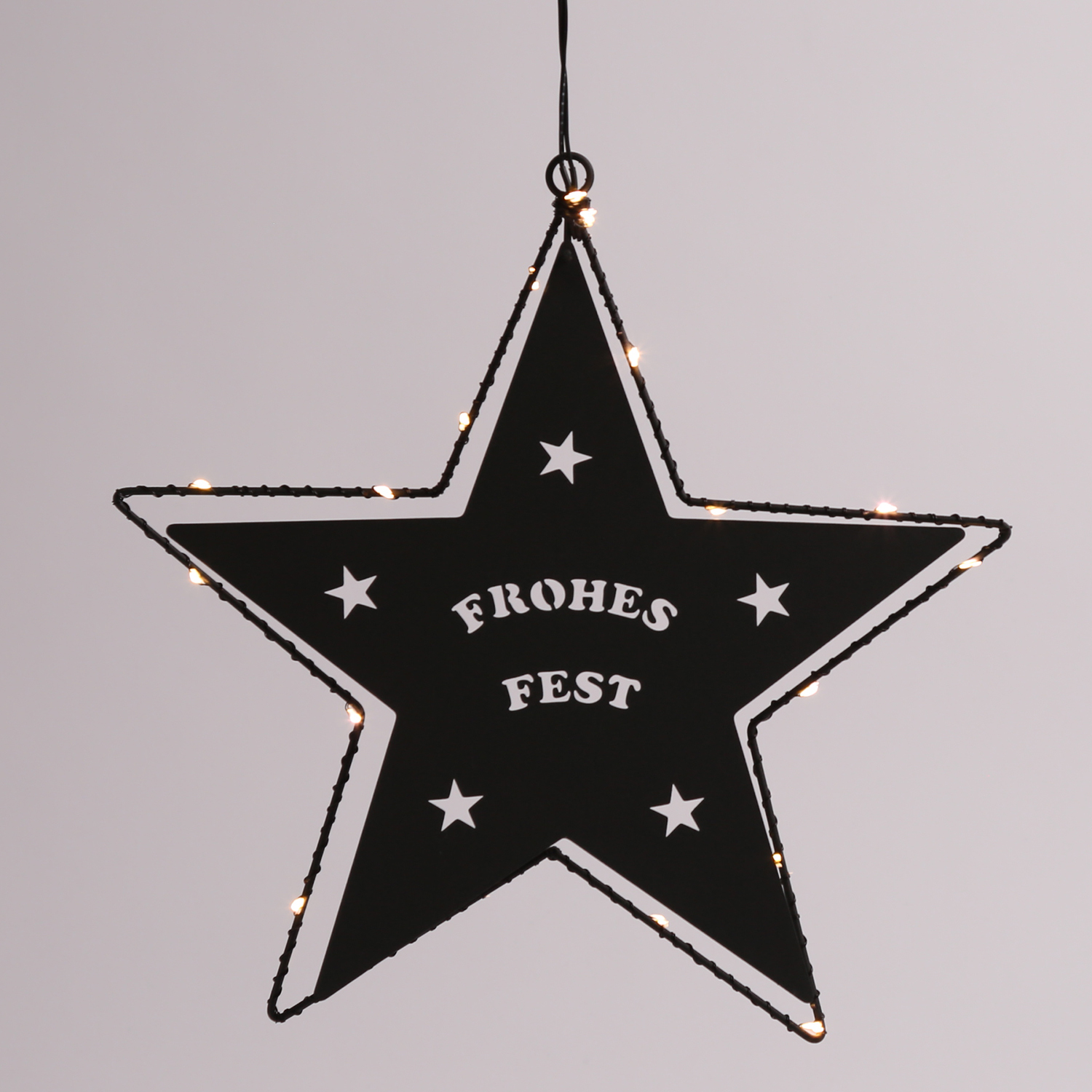 LED Hängestern FROHES FEST - Metallstern - 5-zackig - D: 27cm - 20 LED - Batteriebetrieb - schwarz