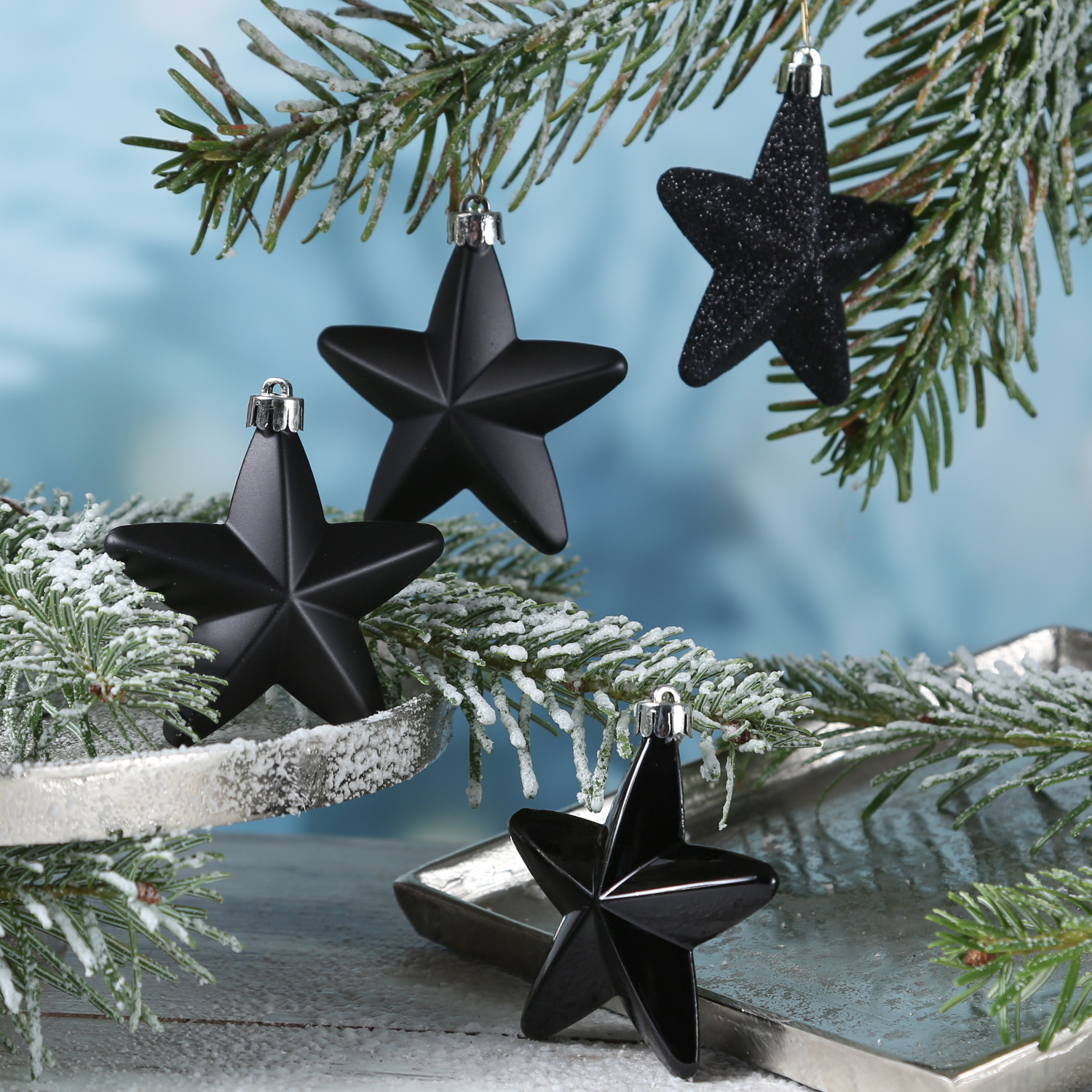 Christbaumschmuck STERN - Weihnachtsschmuck - bruchfest - glänzend matt glitzernd - schwarz - 6 Stk.