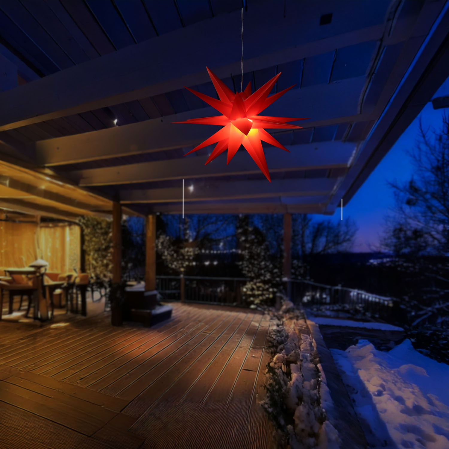 LED Outdoor Stern 3D - 6 warmweiße LED - H: 60cm - hängend - Timer - 12V Außentrafo - rot
