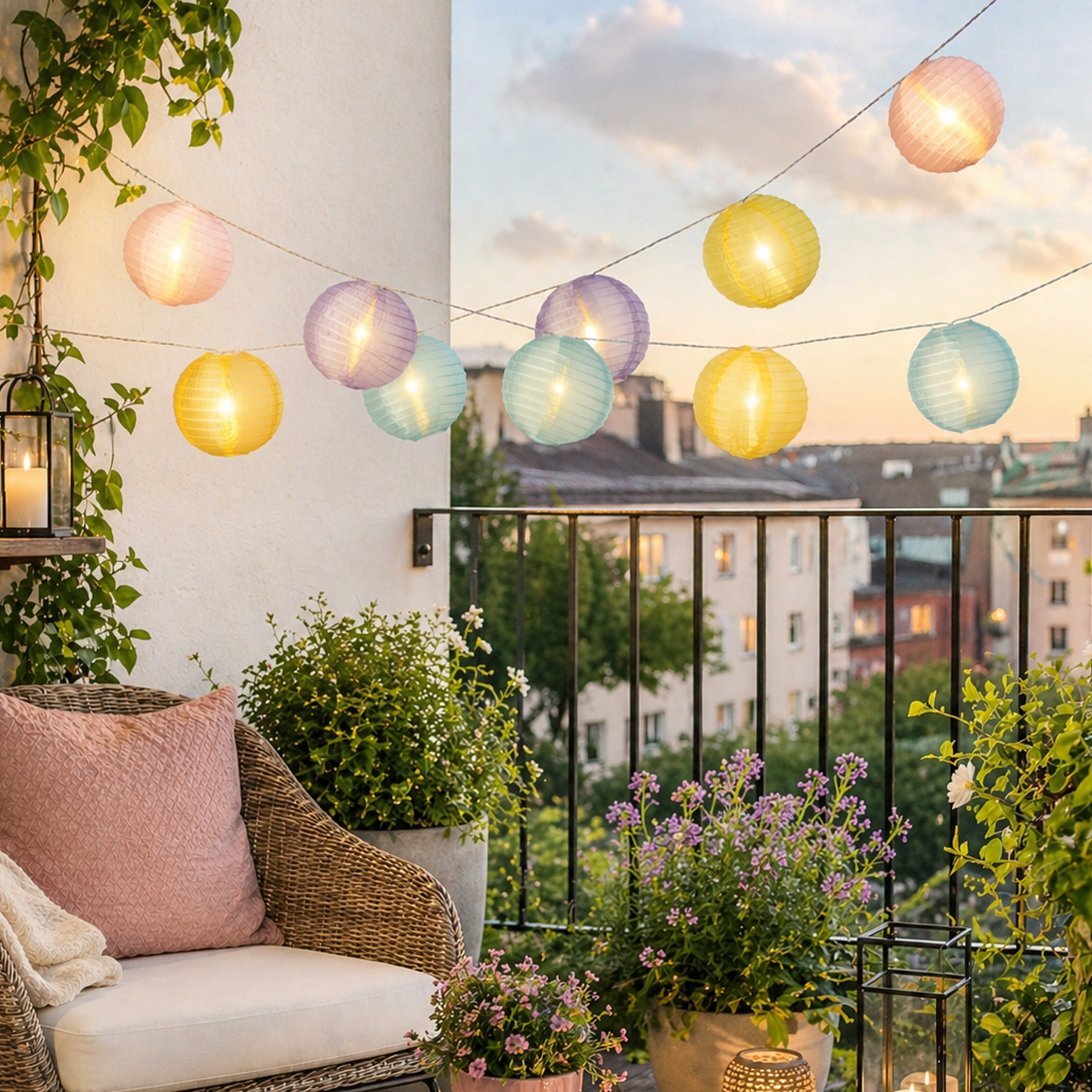 LED Lichterkette LAMPIONS - 15 pastellfarbene XL Lampions - L: 7m - Timer - für Innen/Außen