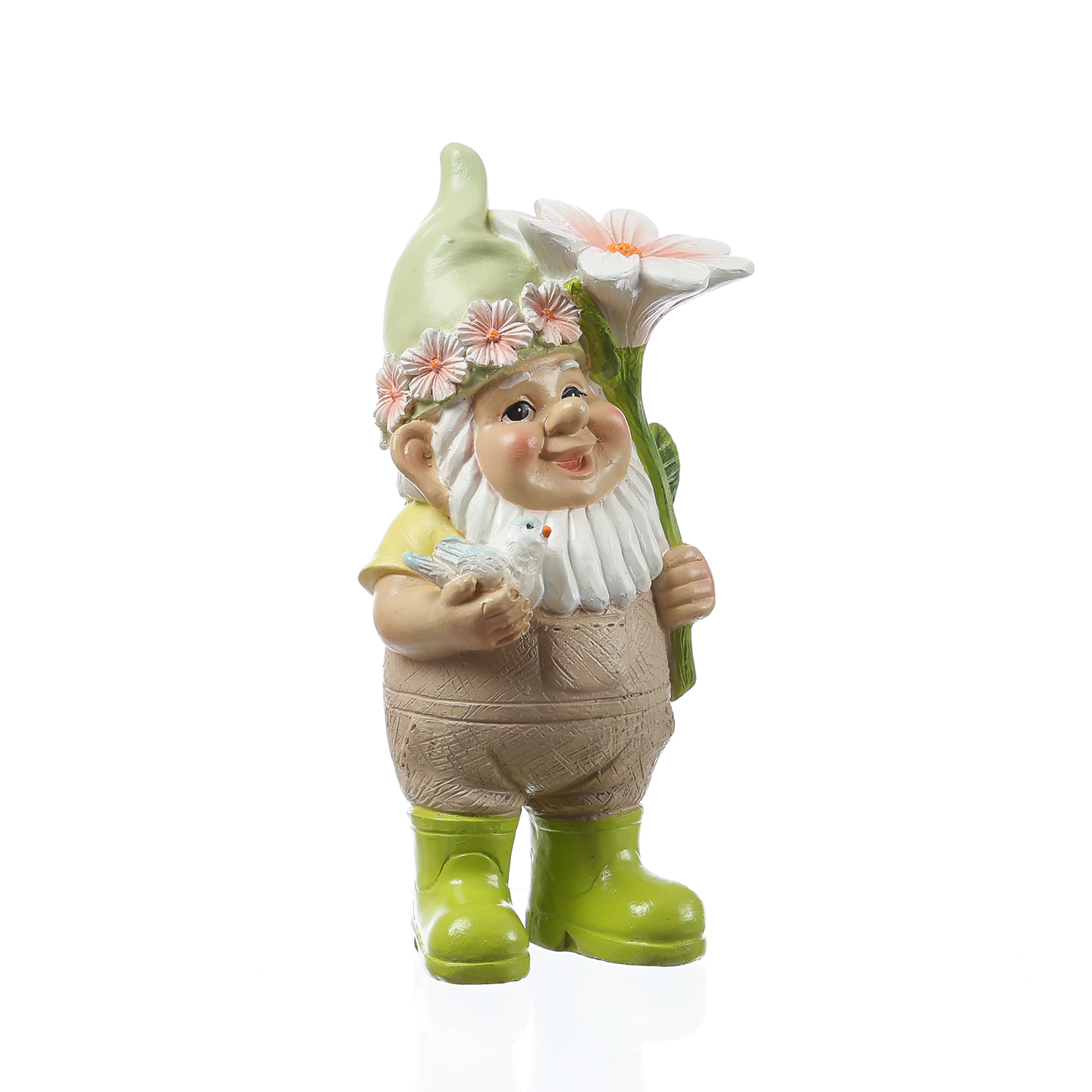 Gartenzwerg BERT - Zwerg mit Vögelchen und Blume - Gartenfigur - Polyresin - H: 17,5cm - bunt