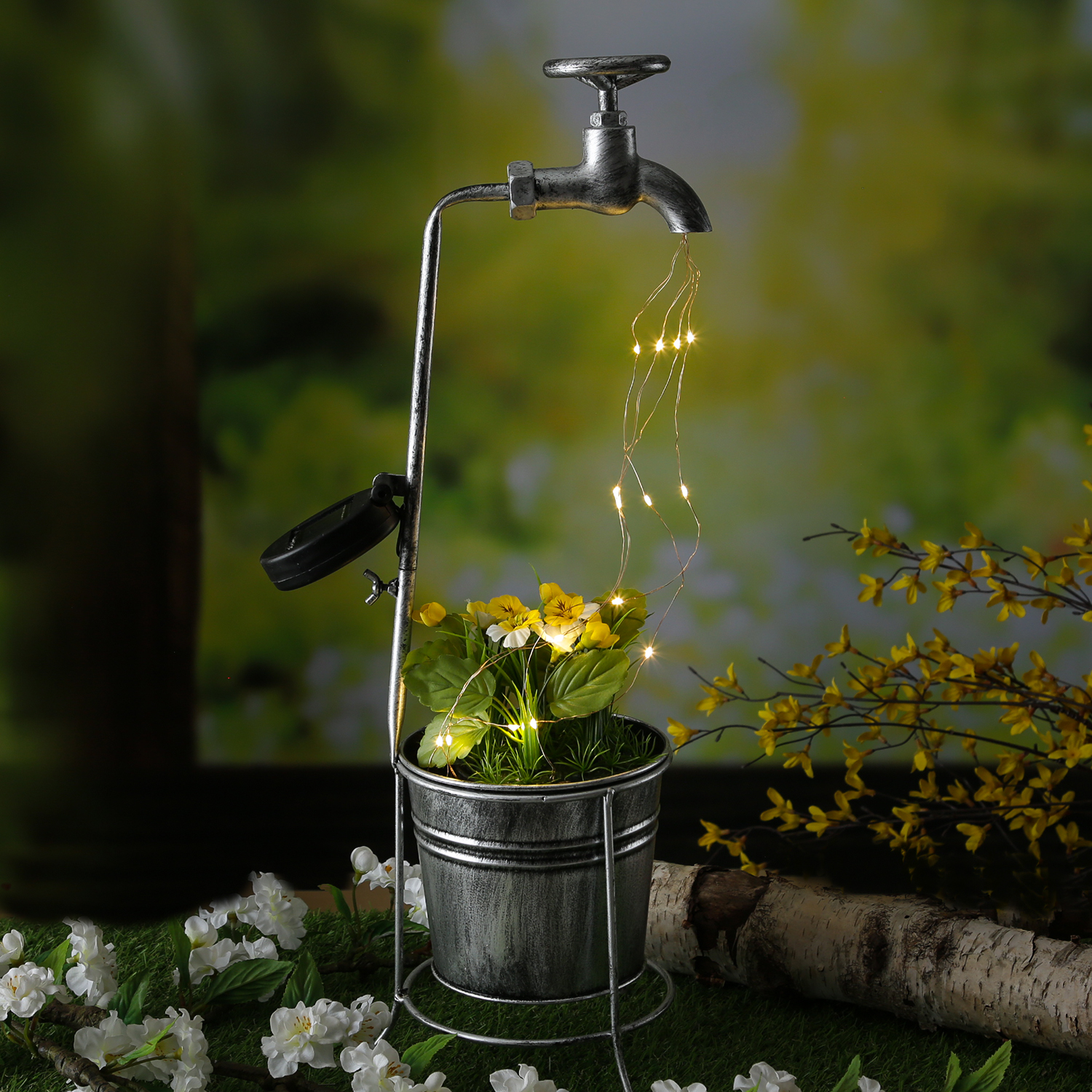 LED Solar Wasserhahn mit Blumentopf - Deko Balkon/Gartenbeleuchtung - H: 60cm