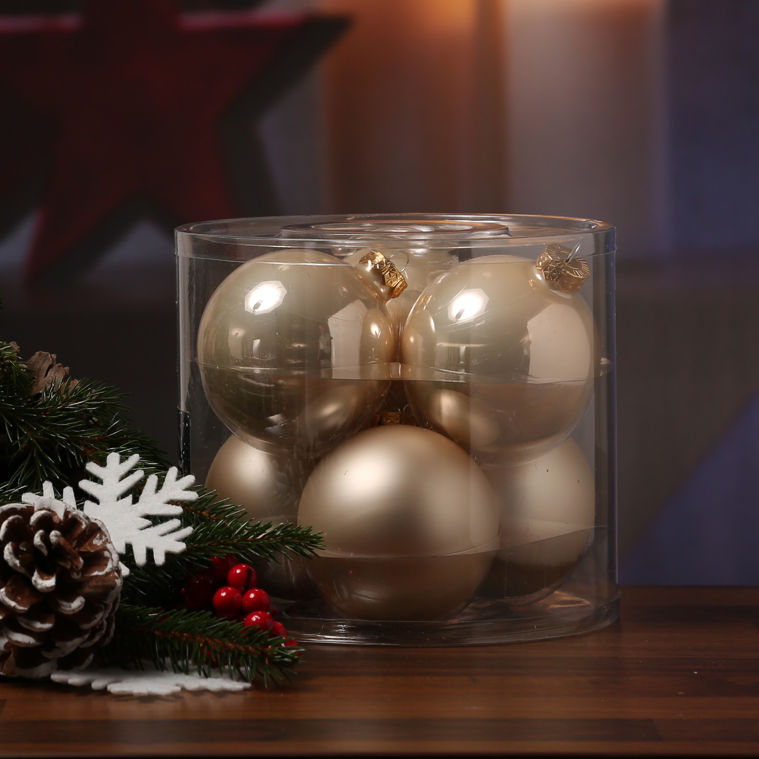 Christbaumkugel - Weihnachtsbaumkugel - Glas - D: 8cm - glänzend und matt - champagner - 6er Set