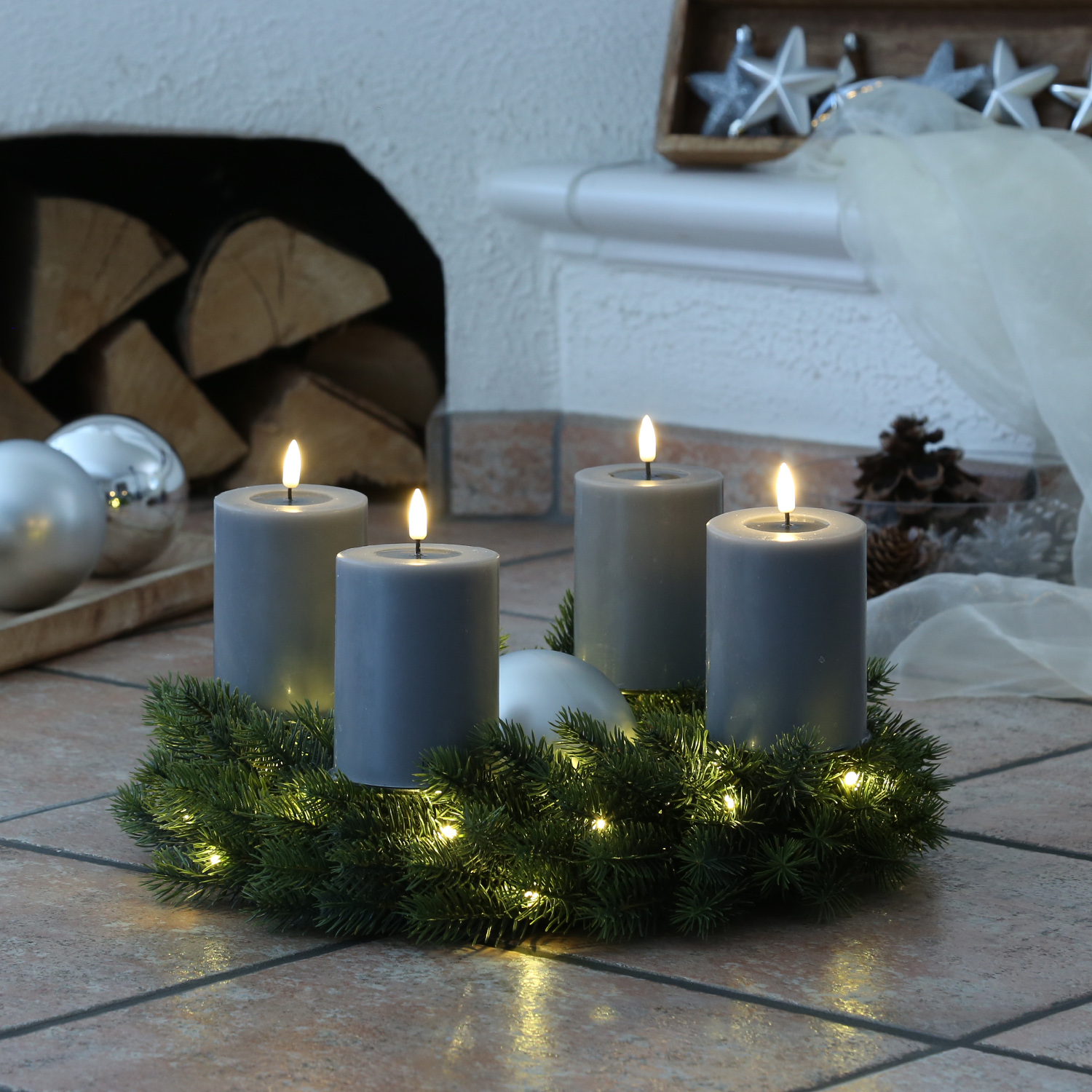 LED Kerzenset MIA - Echtwachs - H: 10cm/D: 7,5cm - mit Batterien/Fernbedienung - grau - 4er Set